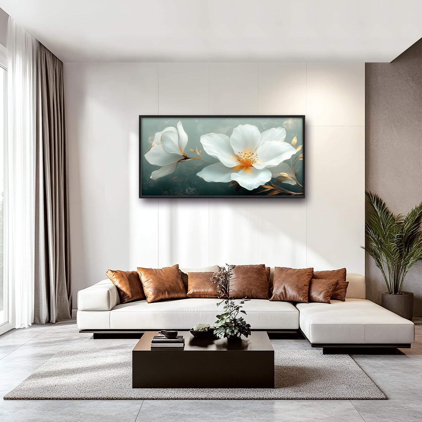 Large White Floral Wall Art for Living Room, Flower Canvas Oversized Wall Decor, Aesthetics Framed Pictures Painting Print Artwork for Bedroom Office 60L" x 30W"