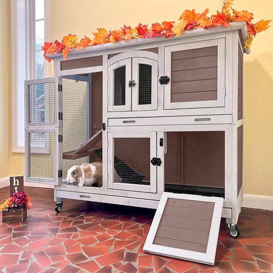 Rabbit Hutch Indoor Bunny House Guinea Pig Cage with Sliding Plastic Trays, Wheels & Ramp, 47.2" Multi-Door Wooden Small Animal Cage for Rabbits, Bunnies, and Guinea Pigs (Brown)