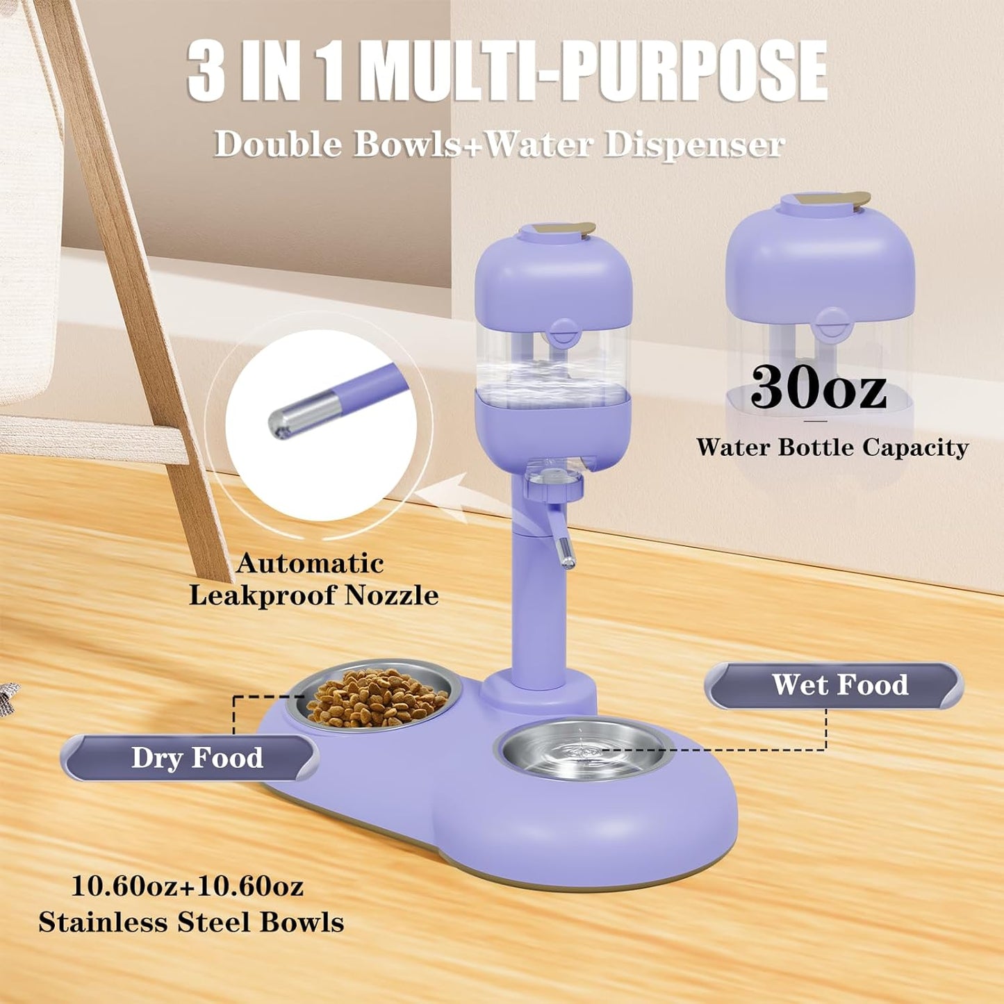 Dog Bowls with Puppy Weaning Bottles,3 in 1 Bowl Set with Water Dispenser and 2 Food Grade Stainless Steel Dog Bowls,15°Tilted Cat Food and Water Bowl Set for Cats,Bunnies,Ferrets