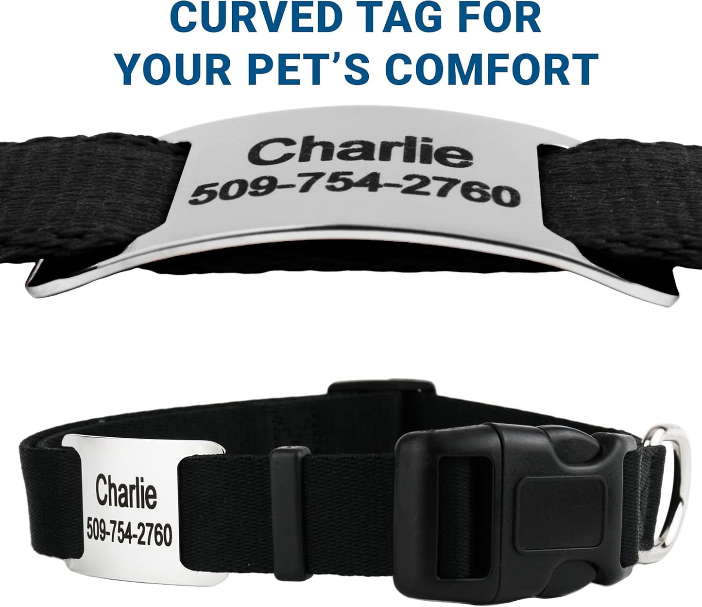 GoTags Personalized Dog Collar with Nameplate, Adjustable Dog Collar with Custom Engraved Slide On Pet ID Tag in Stainless Steel, Silent, No Noise Dog Tag for Large Medium and Small (Black, Large)