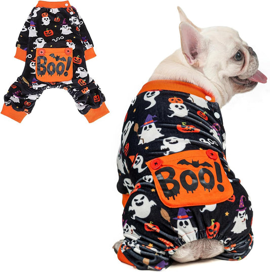 BEAUTYZOO Dog Halloween Pajamas Small Sized Dog, Fleece Funny Ghost Pumpkin Costumes for Dogs, Soft Stretchable Doggy Onesie with Feet, Pet Apparel Clothes for Small Dogs Boy Girl, Black S