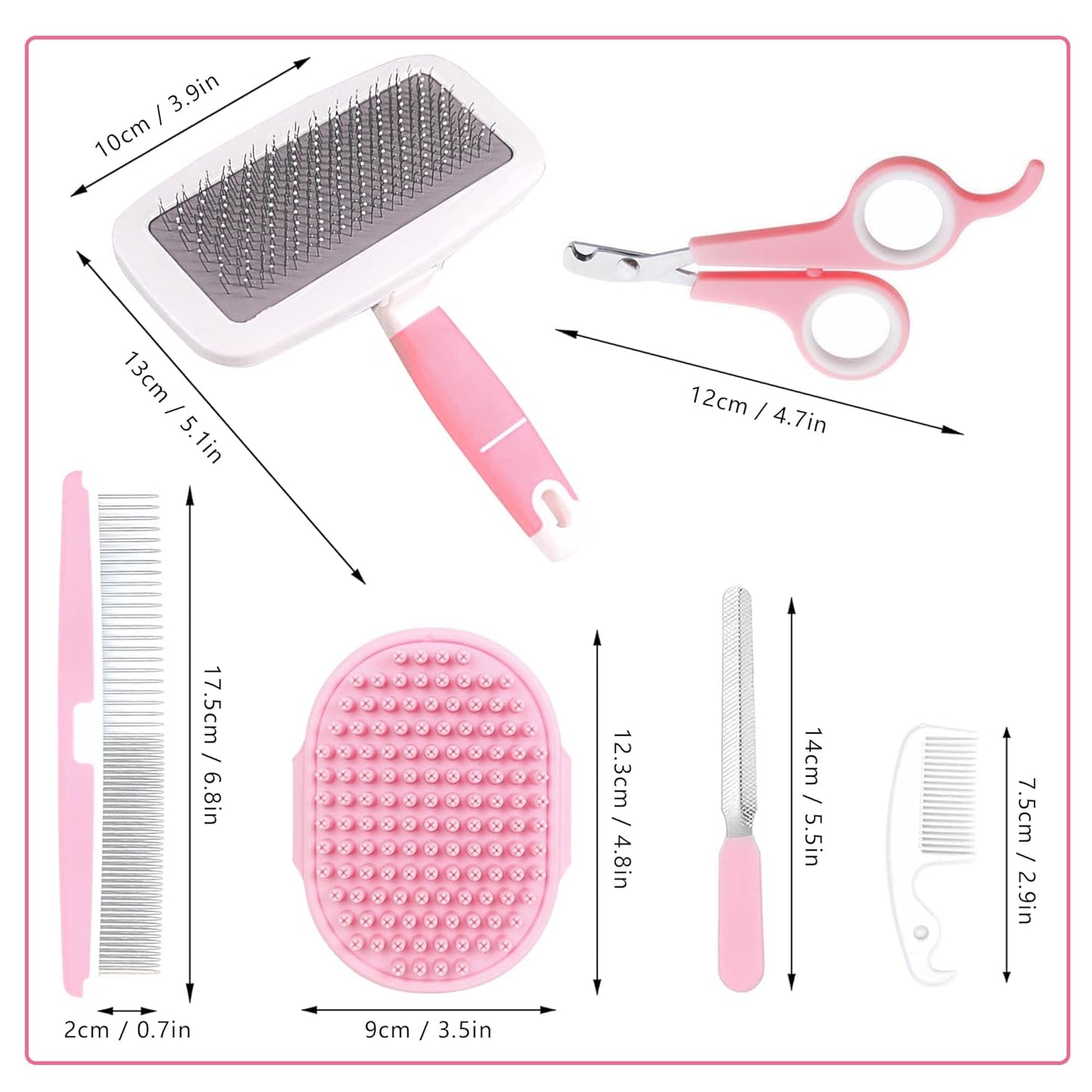 Small Animal Pet Grooming Kit with Pet Shedding Slicker Brush, Bath Massage Glove, Pet Grooming Comb, Nail Clipper Trimmer for Rabbit, Puppy, Kitten, Guinea Pig, Hamster, Ferret (Pink)