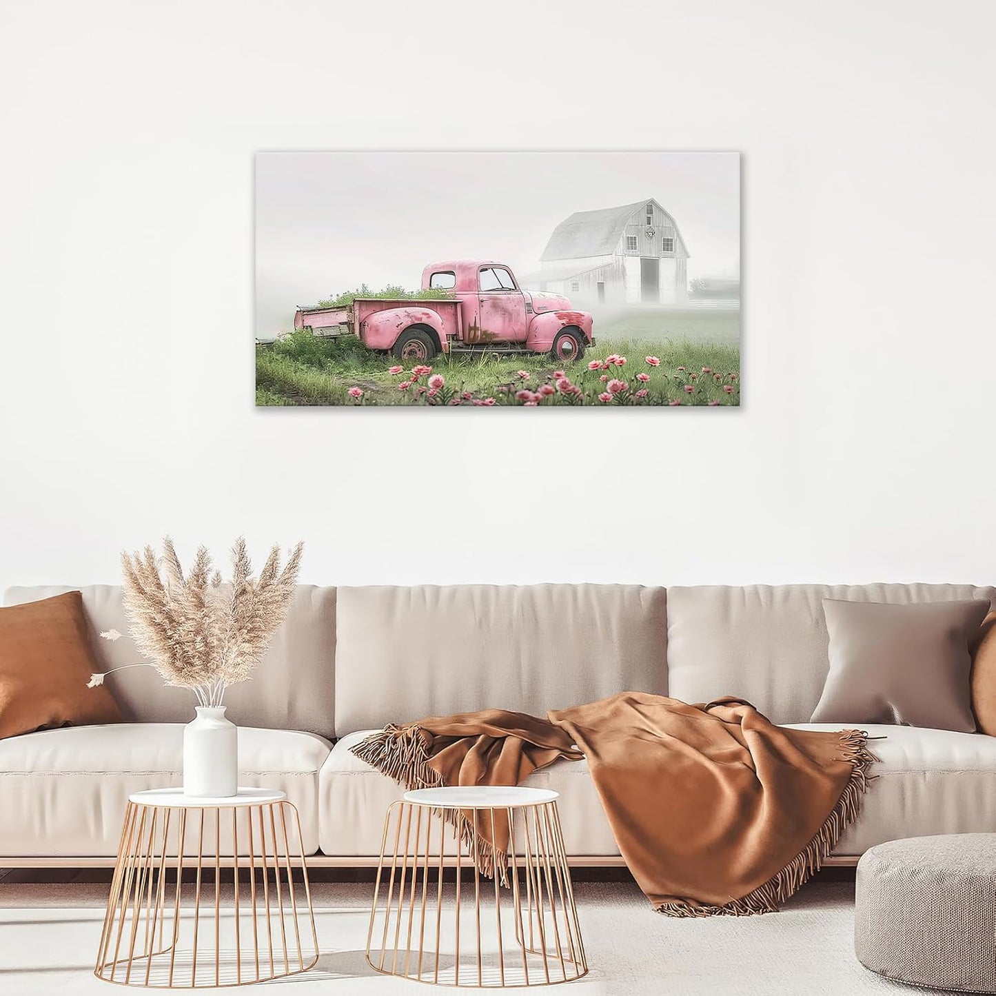 Large Rustic Farmhouse Pink Truck Wall Art for Living Room Country Barn Art Big Space Size Bedroom Office Framed Canvas Prints Pictures Painting Artwork Office Bedroom Home Decor 60"x30"