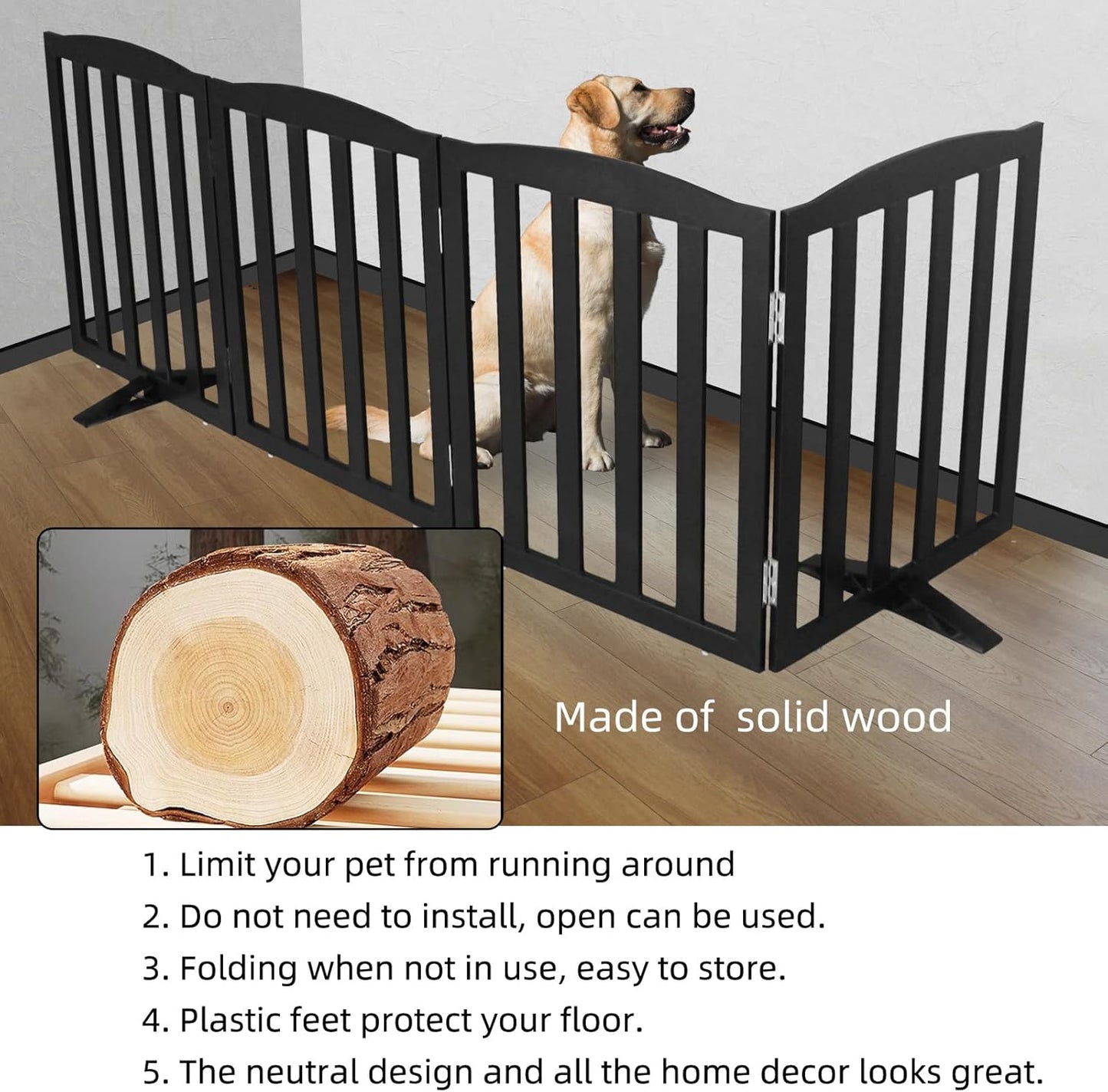 ZJSF Foldable Freestanding Indoor Dog Gate for House Wood Long Pet Gates Dog Fence for Stairs Puppy Gates for Hallways, Puppy Gate,Support Feet Included, Black, 24 "Height-4 Panels