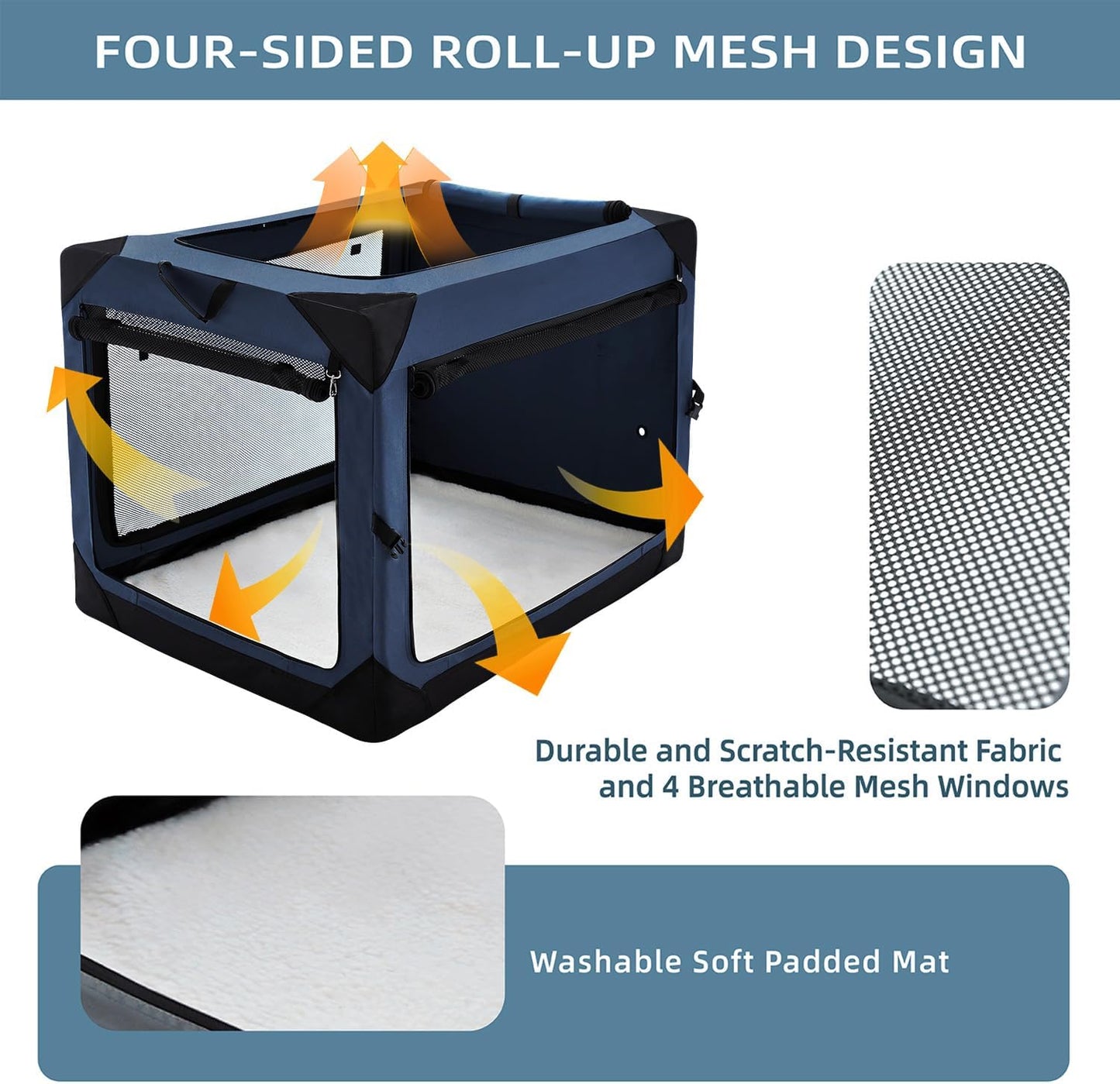 36 Inch Collapsible Crate for Large Dogs, 4-Door Foldable Soft Kennel with Chew Proof Mesh Windows for Indoor & Outdoor Travel,Navy Blue