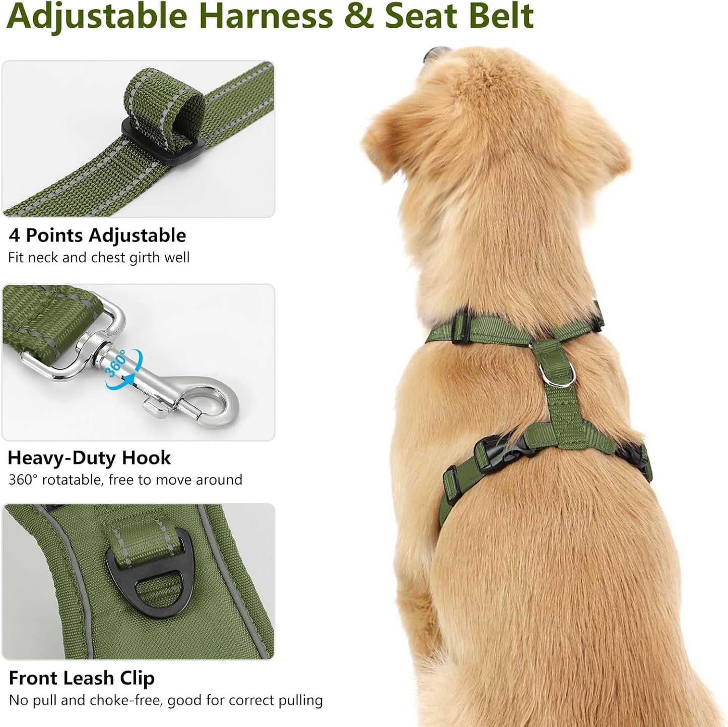 Dog Seat Belt Harness for Car, Dog Car Harness Adjustable Mesh Breathable & Dogs Seatbelt Safety Tether with Elastic Bungee for Small Medium Large Pets(Army Green, L)