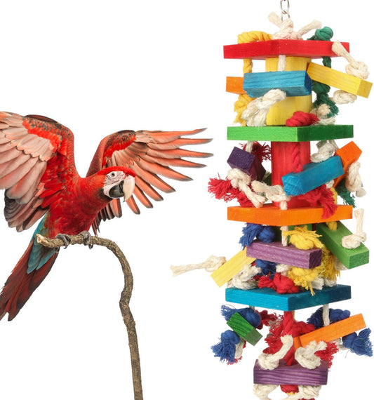 GATMAHE Macaw Toys, Extra Large Parrot Toys, Bird Toys for Parrots African Grey, Amazon Parrots, Parakeet Natural Wooden Block Toy for Climbing, Chewing, Unraveling and Preening (Large)