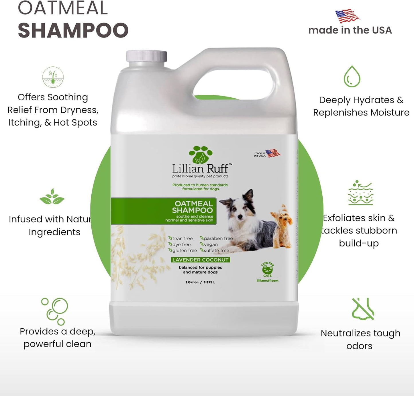 Lillian Ruff PRO Formula Deodorizing Oatmeal Dog Shampoo - Calms Itching & Allergies, Ultra-Nourishing Dry Skin Relief - Oatmeal, Aloe, Coconut Oil, Lavender & Provitamin B5 - Made in USA (Gallon)