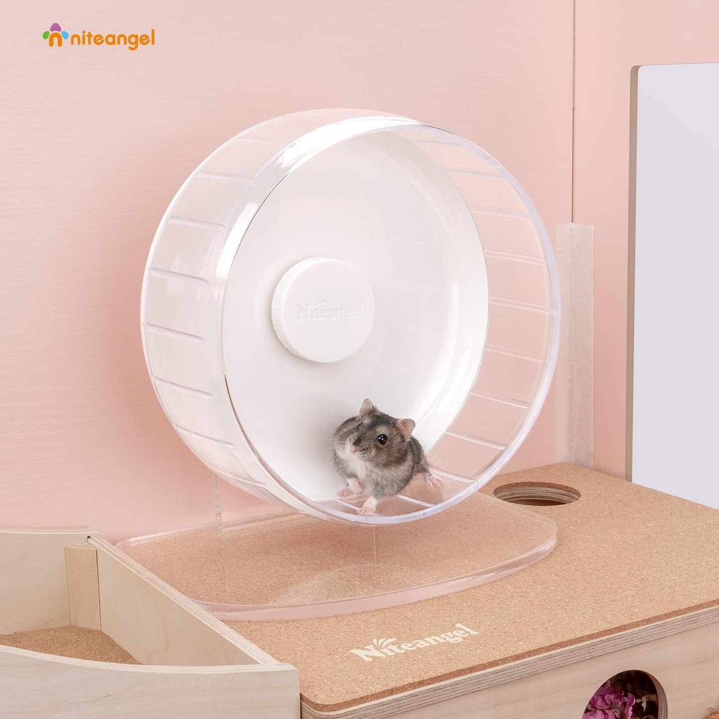 Niteangel Super-Silent Hamster Exercise Wheels - Quiet Spinner Hamster Running Wheels with Adjustable Stand for Hedgehog Gerbils Mice or Other Small Animals (S, White)
