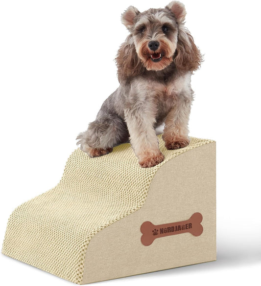 Dog Stairs for Small Dogs and Cats, 2 Steps Pet Stairs to Get on Couch Sofa and Chair, Indoor Non-Slip Balanced Portable Pet Step, High-Density Foam Ramp with Removable Washable Cover, Beige（11.8" H）