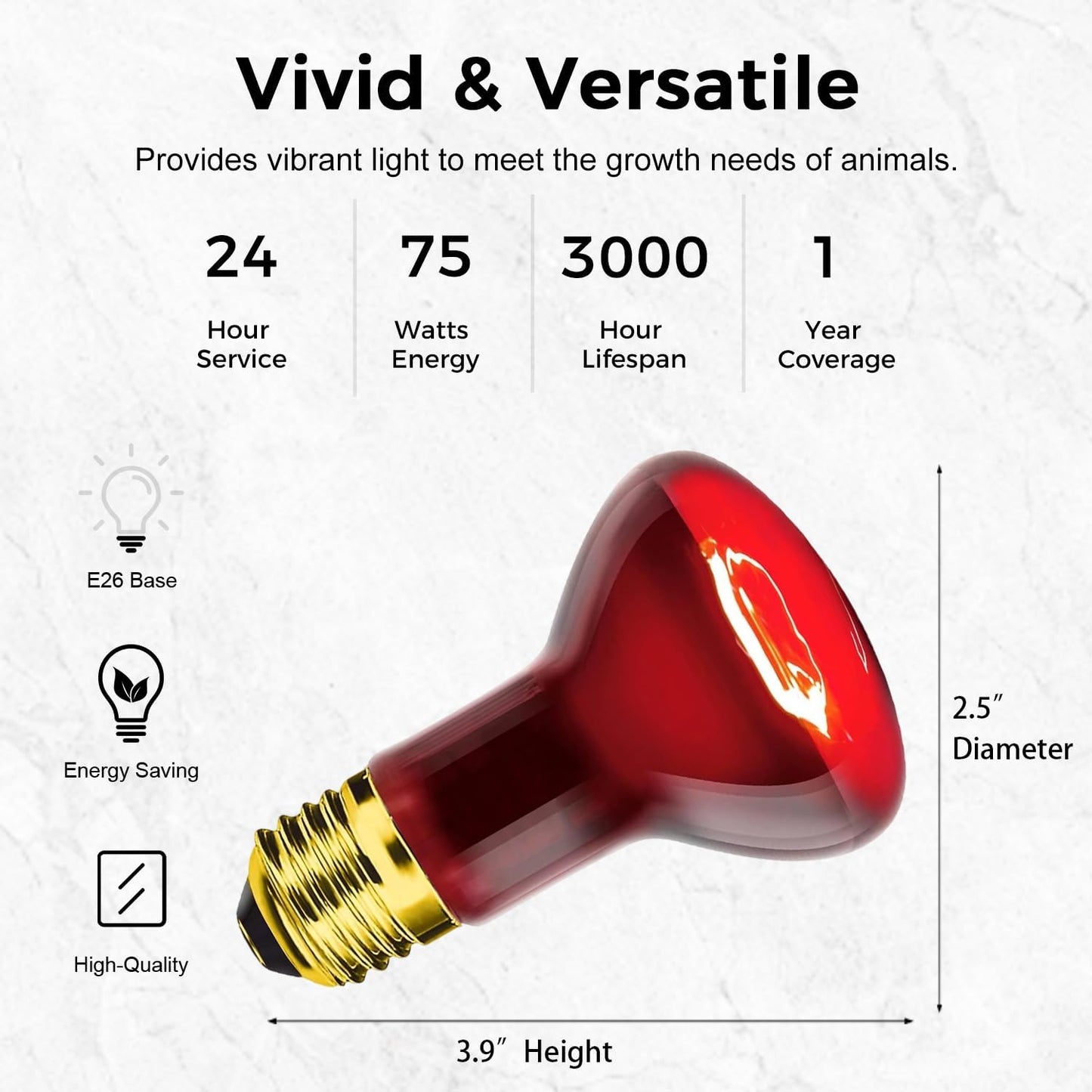 Reptile Heat Lamp Bulb 75W 2PCS, Infrared Heat Emitter Red Heat Lamp for Reptile Amphibian, Infrared Basking Spot Light Bulb