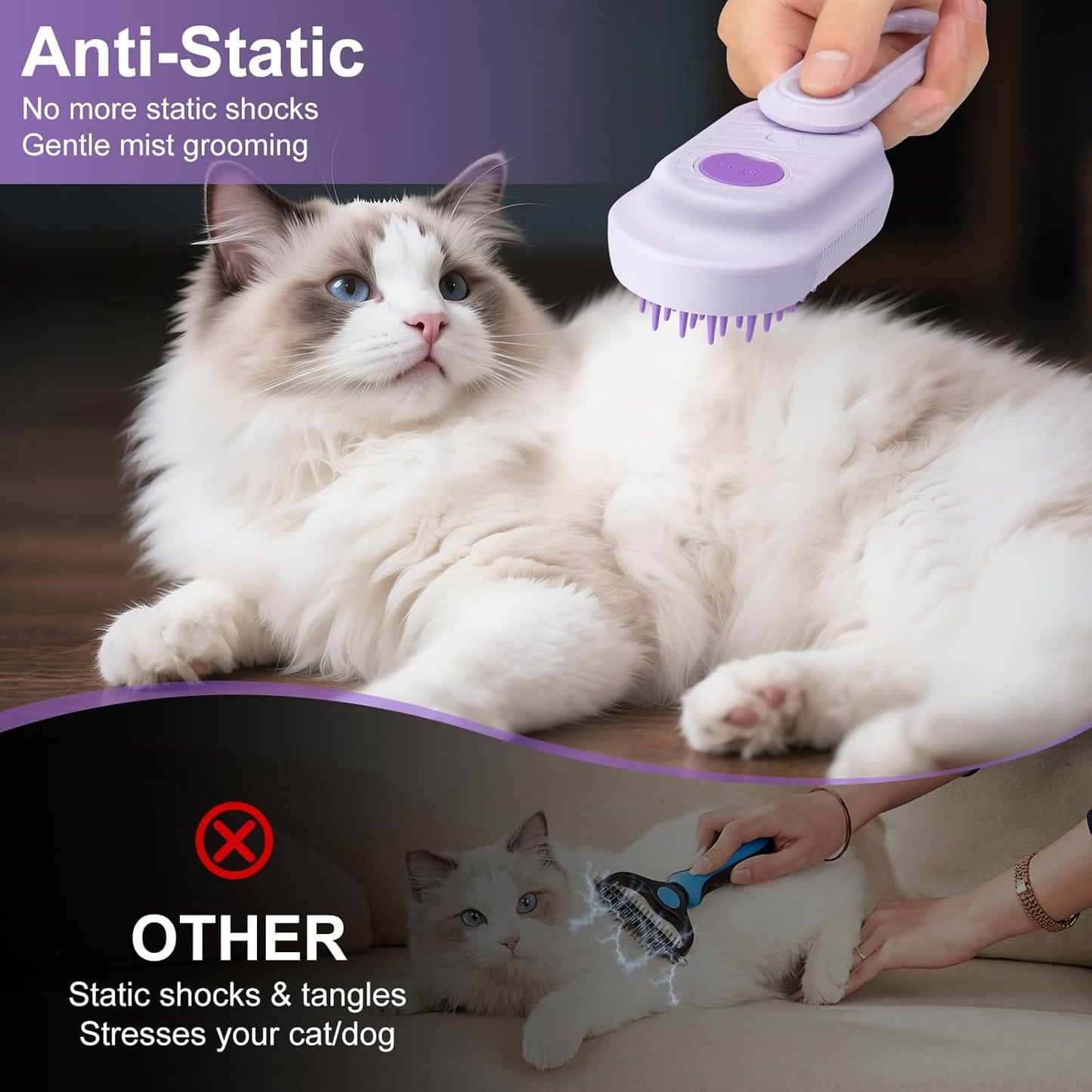 Steam Brush for Cat & Dog – 3-in-1 Spritz Pet Spray Hair Removal Comb for Grooming & Shedding Steam – Water Brush for Long