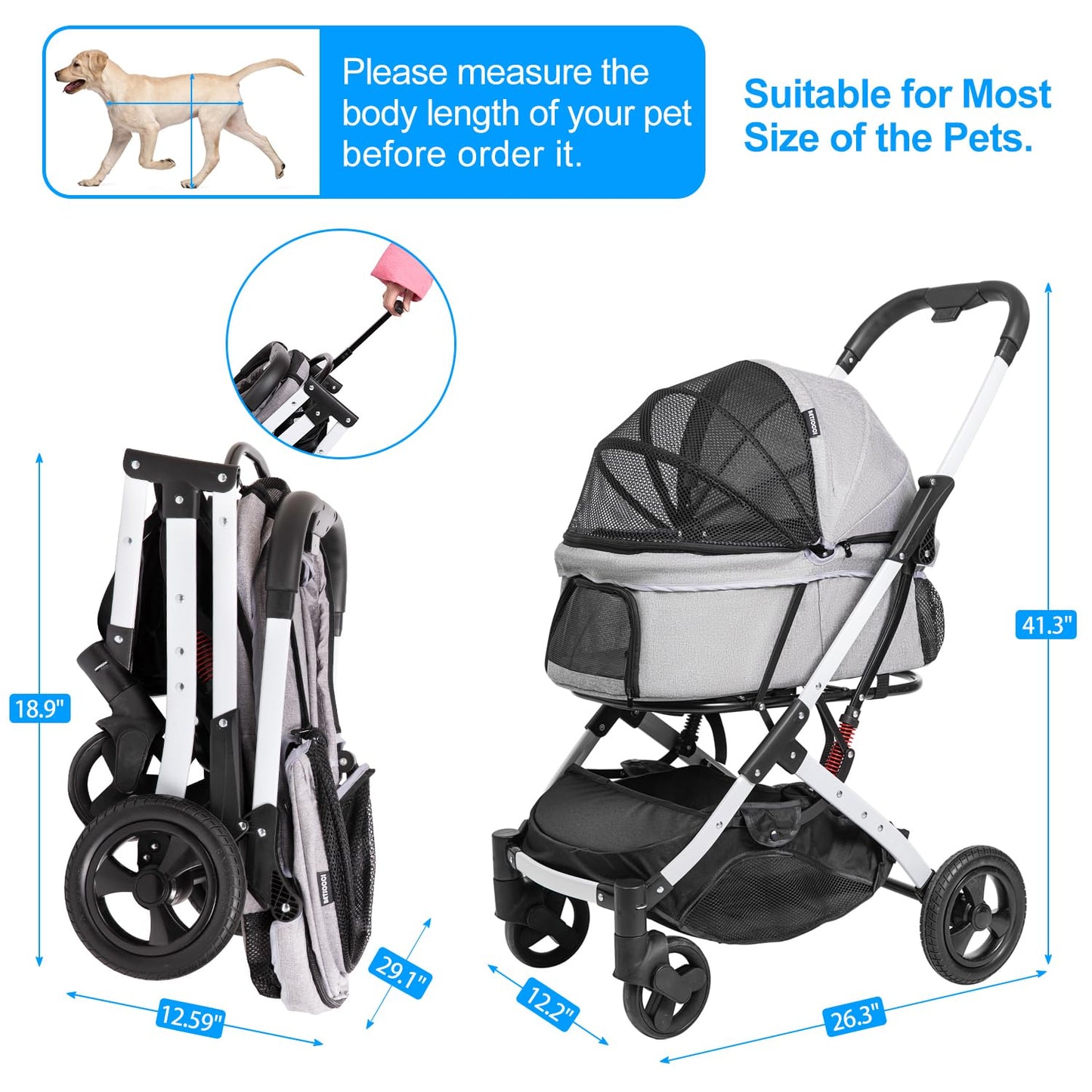 Pet Stroller for Medium Small Dog & Cat, Foldable Lightweight Dog Stroller with Storage Basket Pet Travel Carriage with Safety Leashes, 4 Wheel, Gray