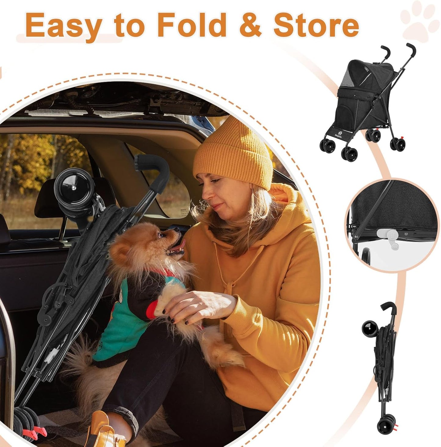 Wedyvko Travel Portable Dog Stroller, Pet Stroller for Small Puppy Dogs & Cats, Up to 33 lbs, Black