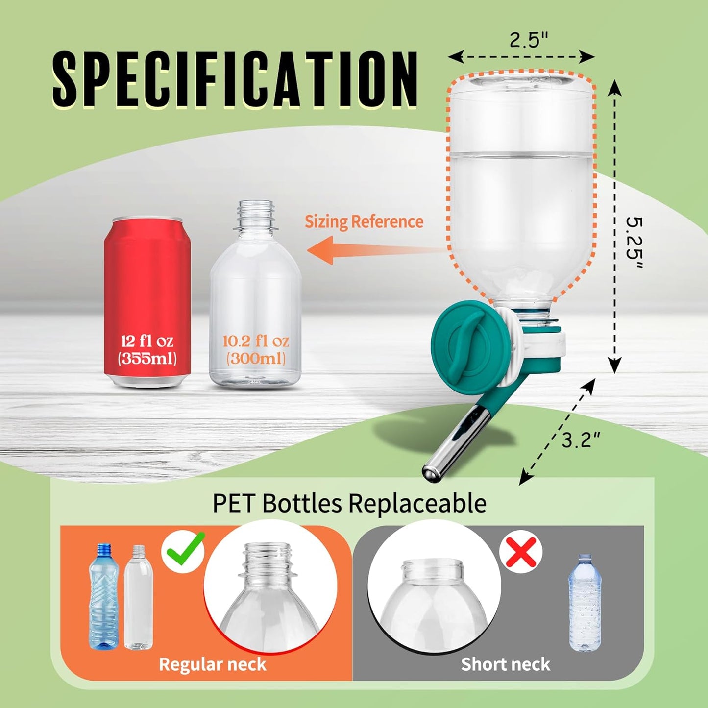 Choco Nose Patented No-Drip Water Bottle/Feeder for Guinea Pigs/Hamsters/Bunnies/Ferrets/Other Small Pets, Critters and Animals - for Cages, Crates or Wall Mount. 10.2oz. Nozzle 10mm, Green (C128)
