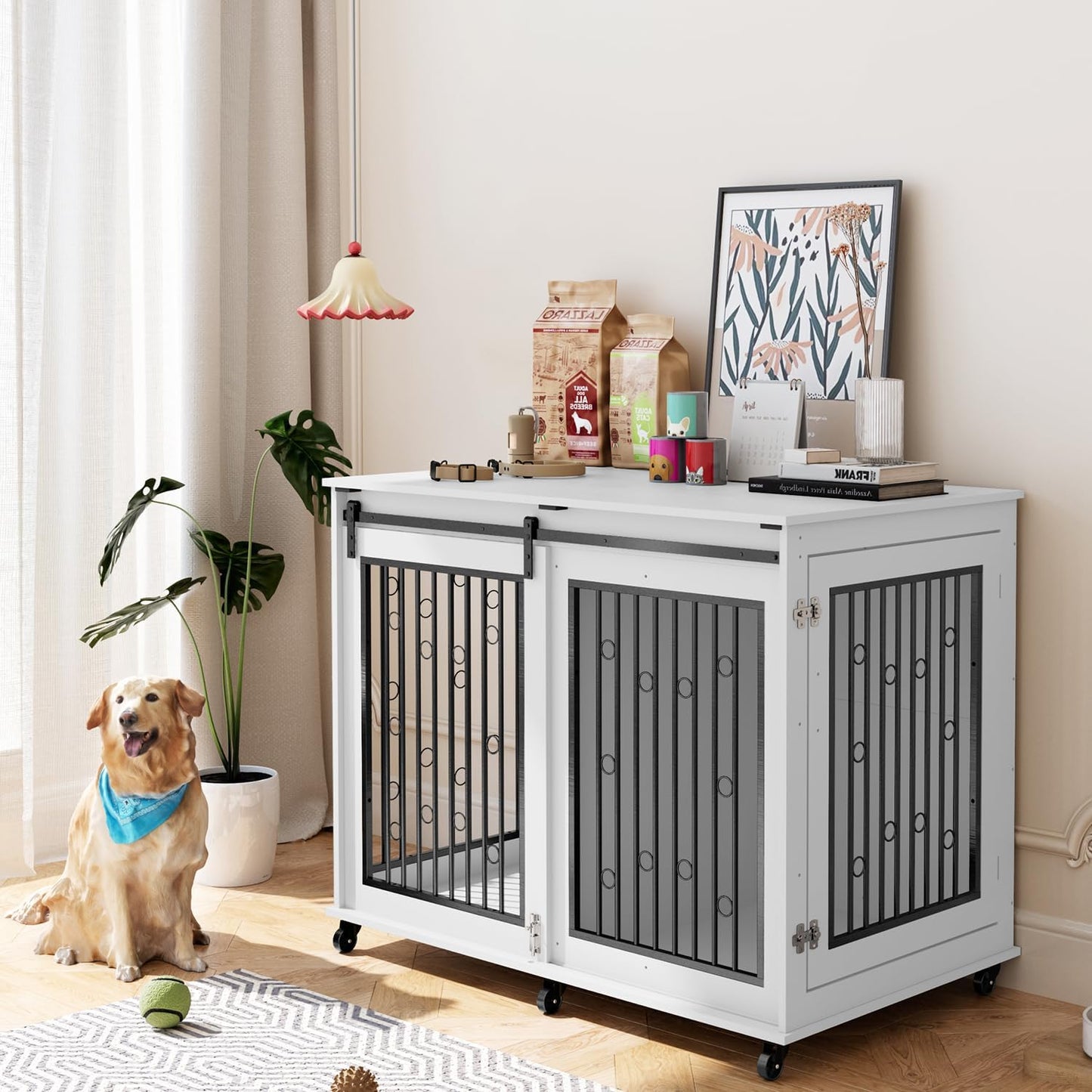 IchbinGo Large Dog Crate Furniture, 47" Wooden Dog Kennel with Sliding Barn Door, Flip-Top Lid & Wheels, Indoor Pet Crate Table with Detachable Divider for Small/Medium/Large Dogs (White)