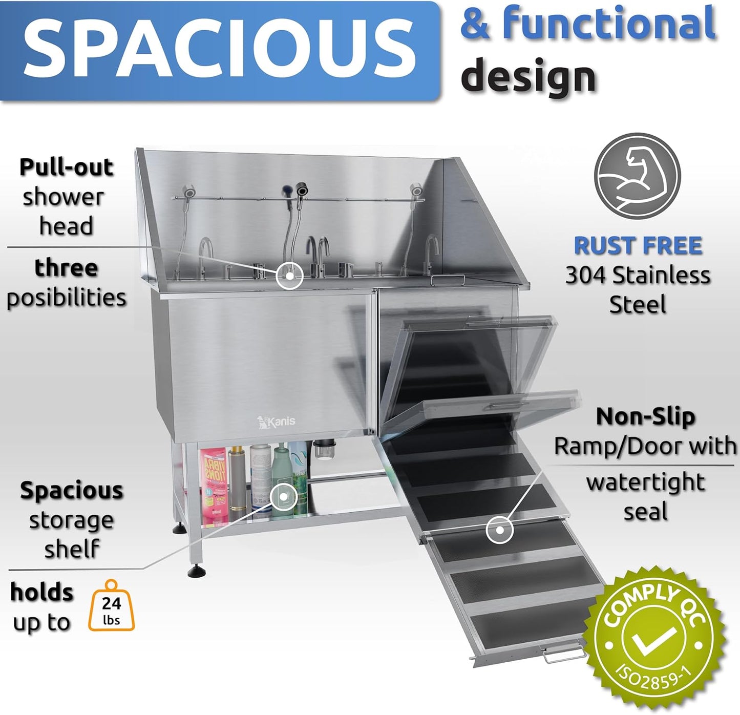 KANIS Professional Dog Washing Station - 304 Stainless Steel Pet Wash Sink & Grooming Bath Tub for Home with Ramp, Shower, Floor Grate, Storage Shelf, Faucet, Drain Kit for Large, Medium & Small Pets