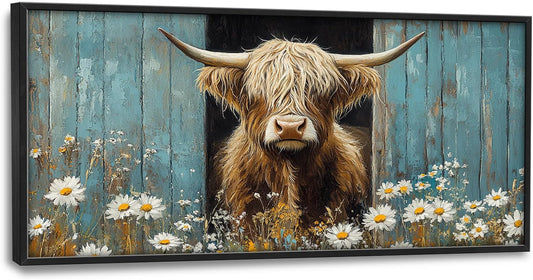 Large Farmhouse Highland Cow Country Wall Art for Living Room, Floral Canvas Oversized Wall Decor, Daisy Flower Animal Framed Pictures Painting Print Artwork for Bedroom Office 60"L x 30"W