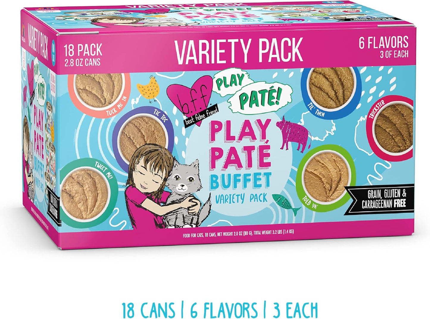 Weruva B.F.F. Play - Best Feline Friend Paté Lovers, Aw Yeah!, Play Paté Buffet Variety Pack, 2.8oz Can (Pack of 18)
