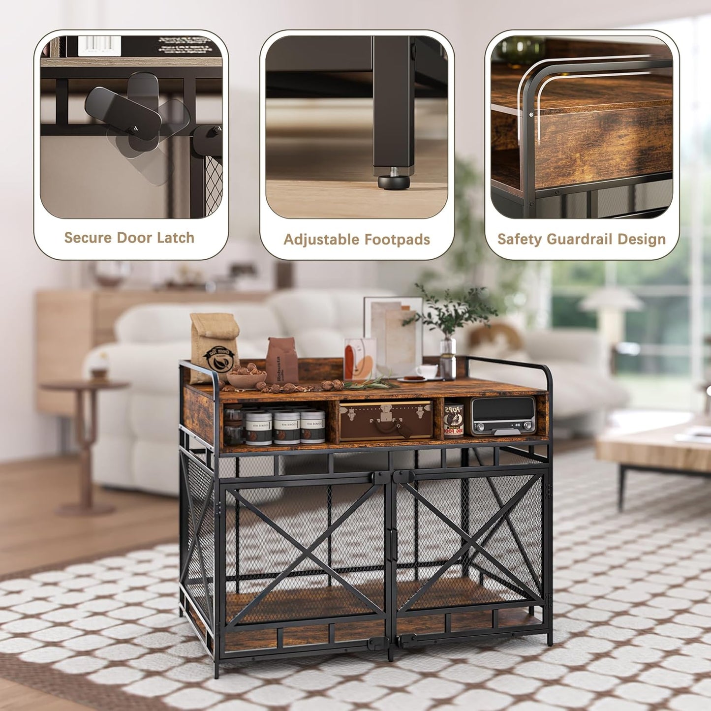 Dog Crate Furniture, 43" Heavy Duty Wooden Dog Crate End Table, XL Dog Kennel Furniture Large Breed, Decorative Dog Kenne Indoor with 3 Drawers & Steel Tubes 43" L x28 W x36 H (Rustic Brown)
