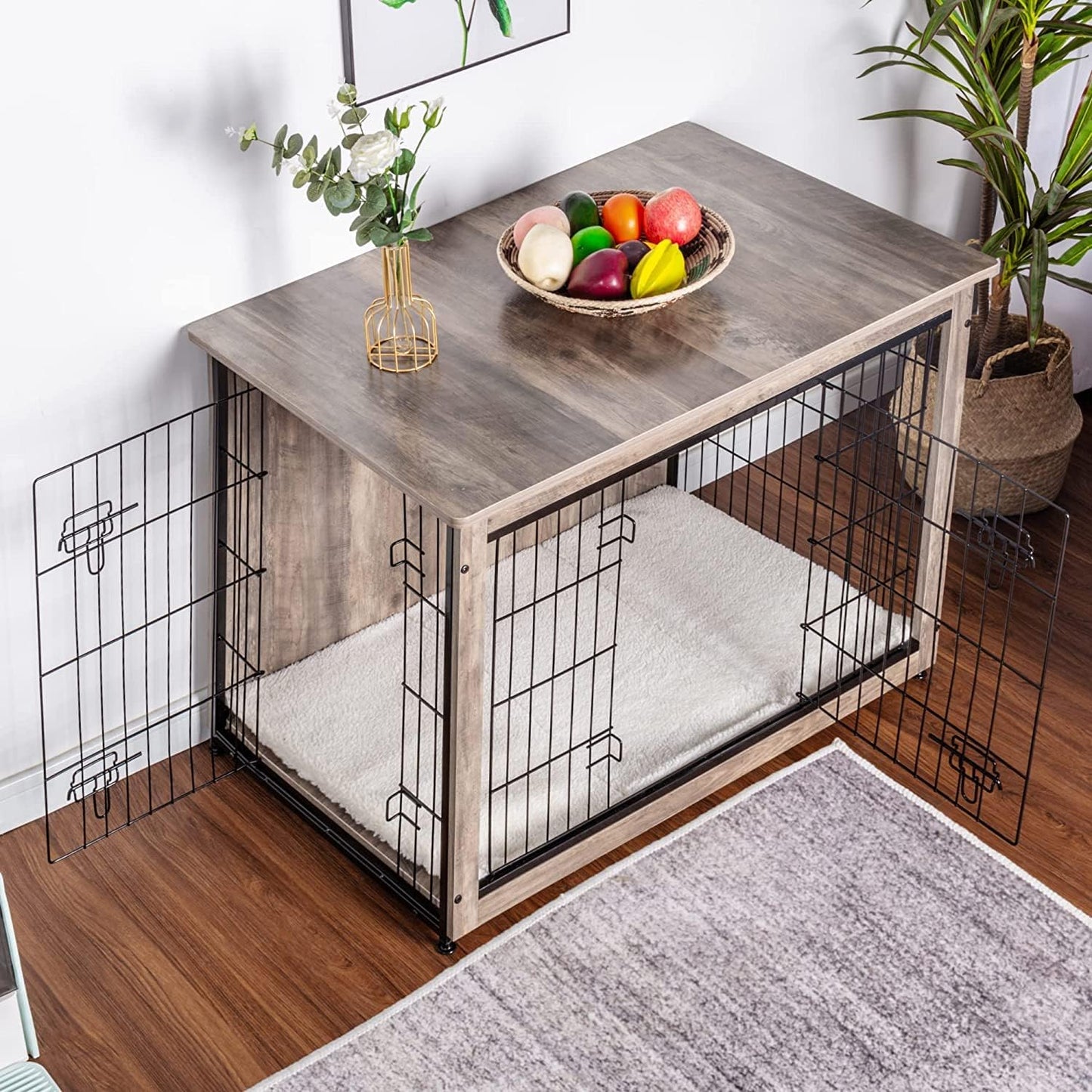 DWANTON Dog Crate Furniture with Cushion, Wooden Kennel Table with Double Doors, Indoor Dog House, Large Size, 38.5" L, Greige