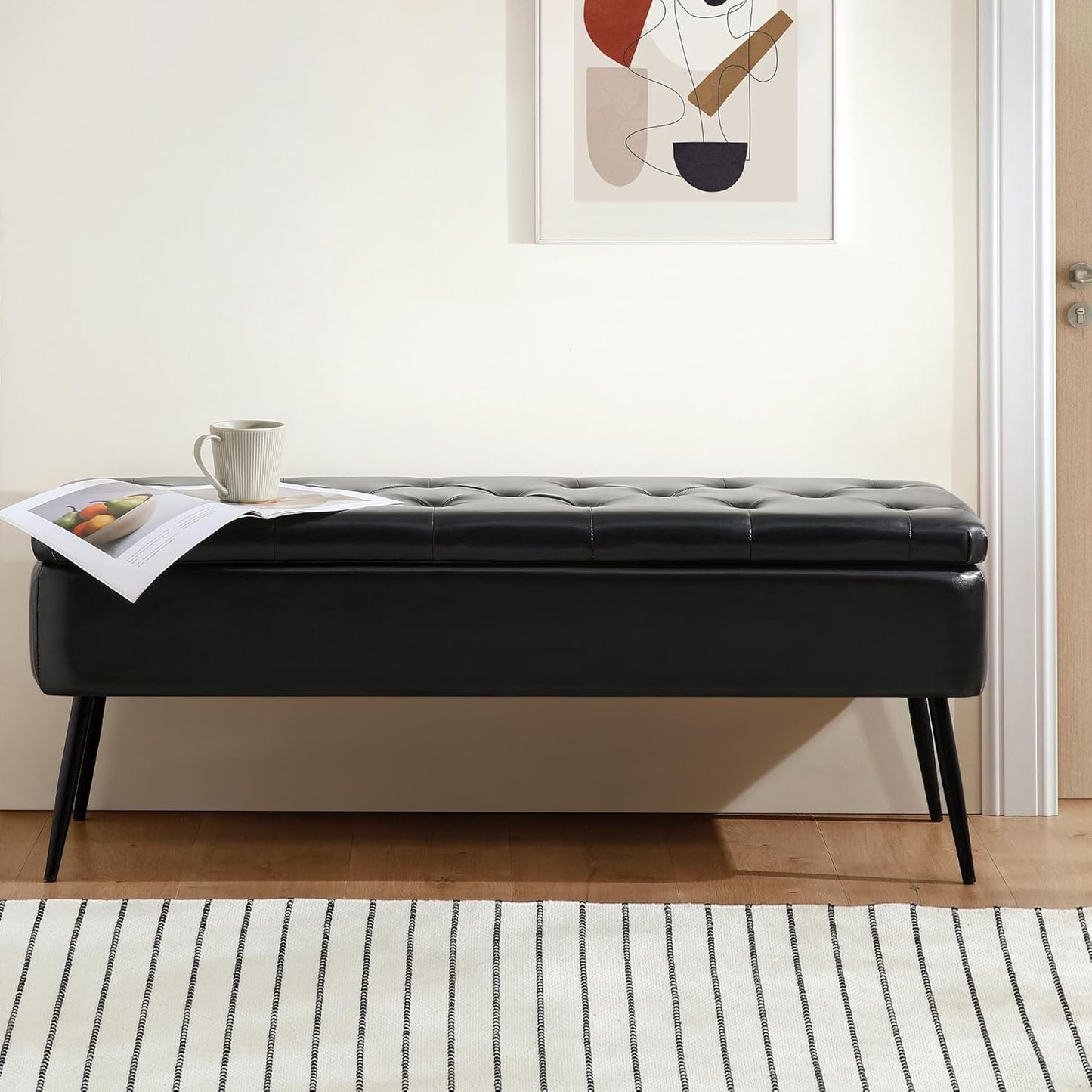 Leather Storage Ottoman Bench,End of Bed Bench for Living Room Bedroom Dinning Room Entryway,Mid-Century Modern,Faux Leather,with Steel Legs,Safety Hinges, Loads 660 lb (with Button, Black)
