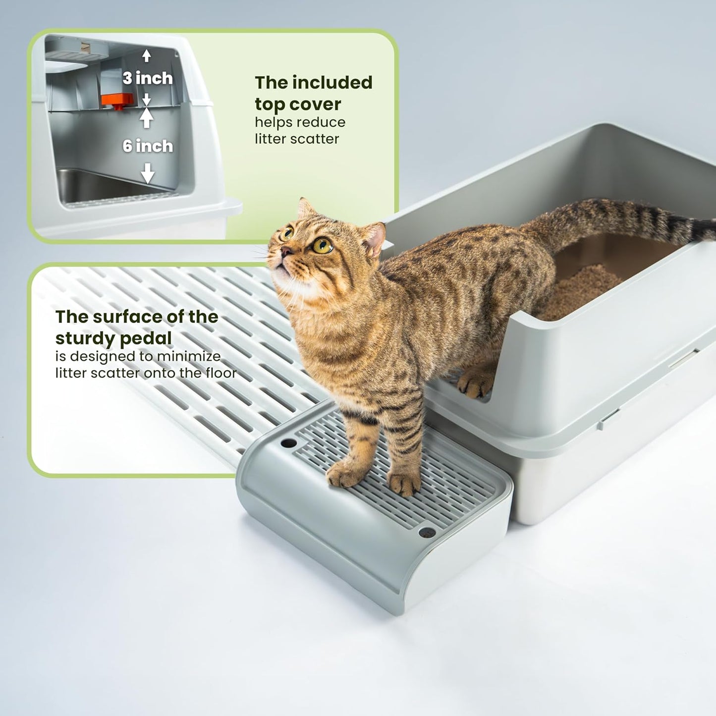 Cattasaurus Stainless Steel XL Cat Litter Box with Lid for Large Cats Up to 40lbs, Removable Kitty Litter Box Enclosure, Top Entry Litter Box, Durable Scoop & Pedal (Stainless Steel - Only Base)