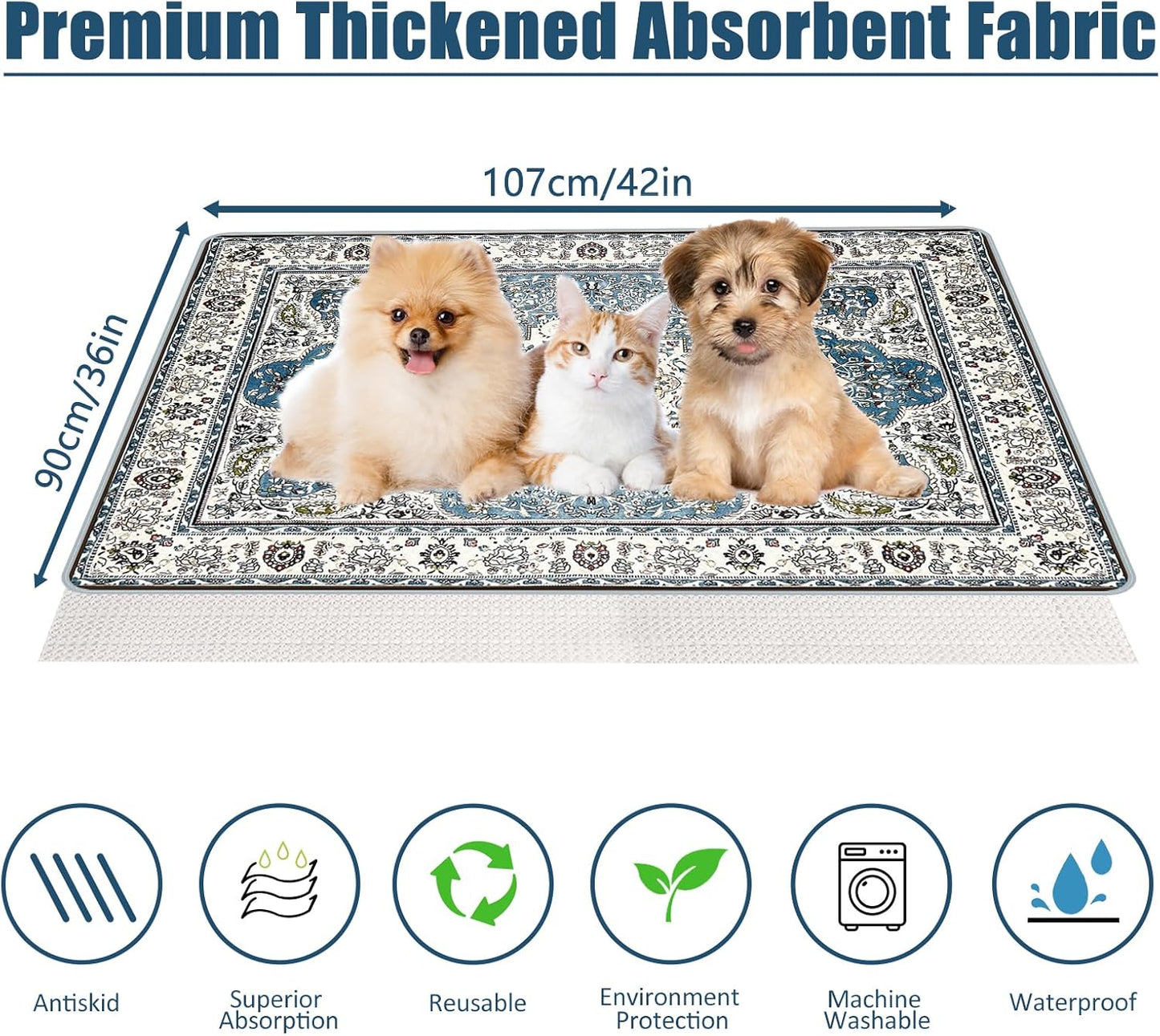 Washable Pee Pads for Dogs, (2 Pack, 36"x42") Upgrade Reusable Puppy Pads with Non-Slip Rug Pad, Super Thickening Absorbent Leakproof Dog Traning Pads Whelping Pad for Dogs, Doggie(Blue-1)