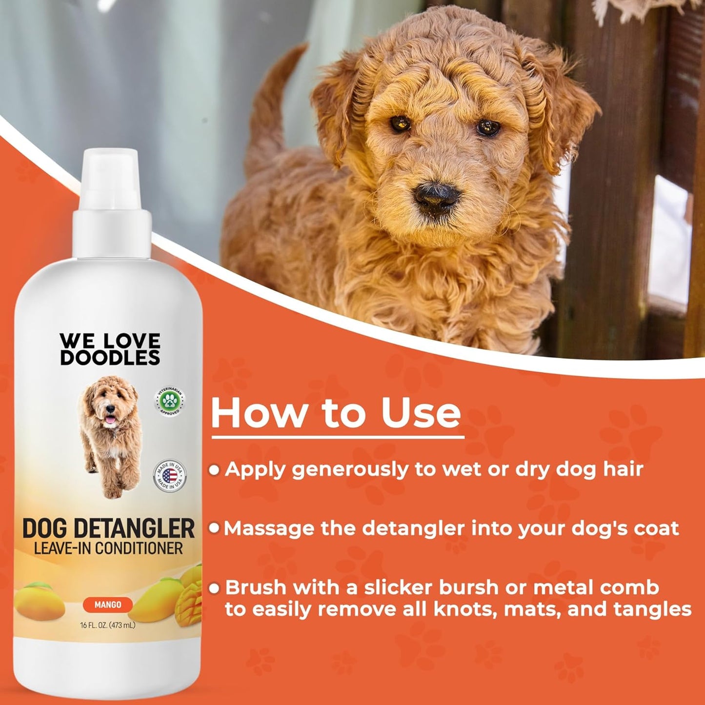 We Love Doodles Dog Detangler Spray - Leave-in Conditioner for Dogs - Dog Detangling Spray - Dematting Spray for Dogs - Tangle Remover - Made in The USA - Large 16 fl oz (Mango)