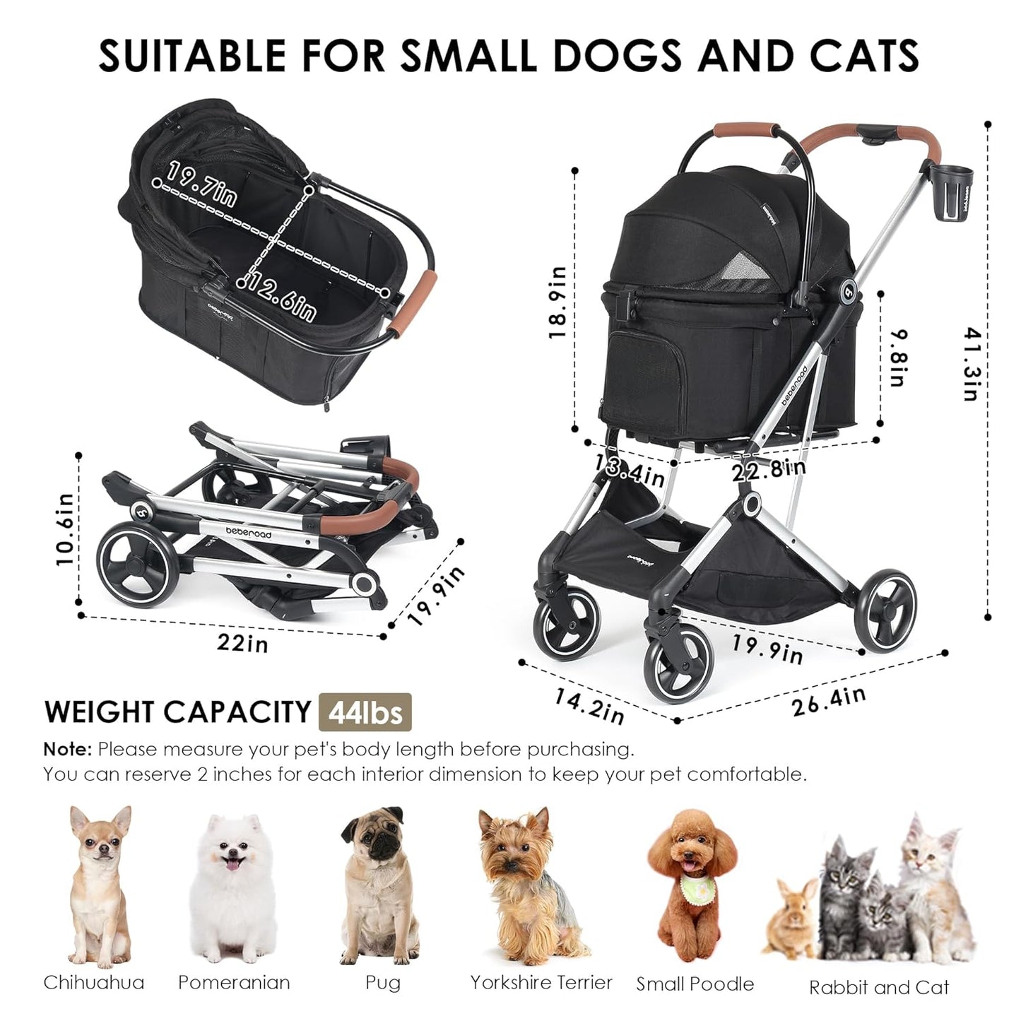 T3 Pro 3-in-1 Small Pet Stroller for Dog & Cats, 4 Wheels with Detachable Carrier with Pad, Canopy and Cup Holder (Black)