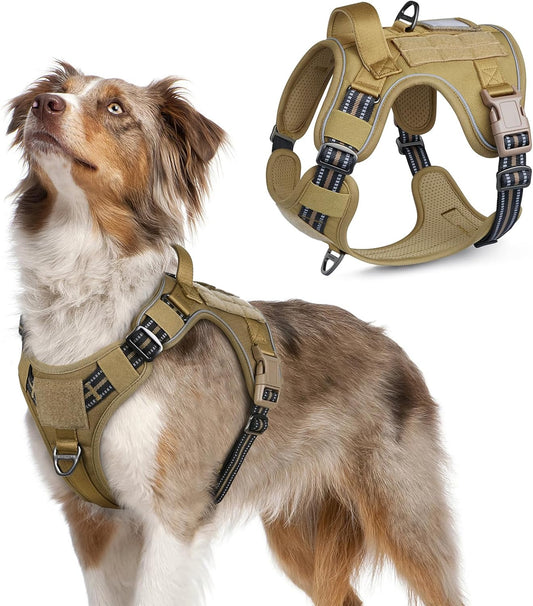 rabbitgoo Tactical Dog Harness Medium Sized Dog, No Pull Military Service Vest with Handle & Molle, Easy Control for Training Walking, Adjustable Reflective Straps, Brown, M