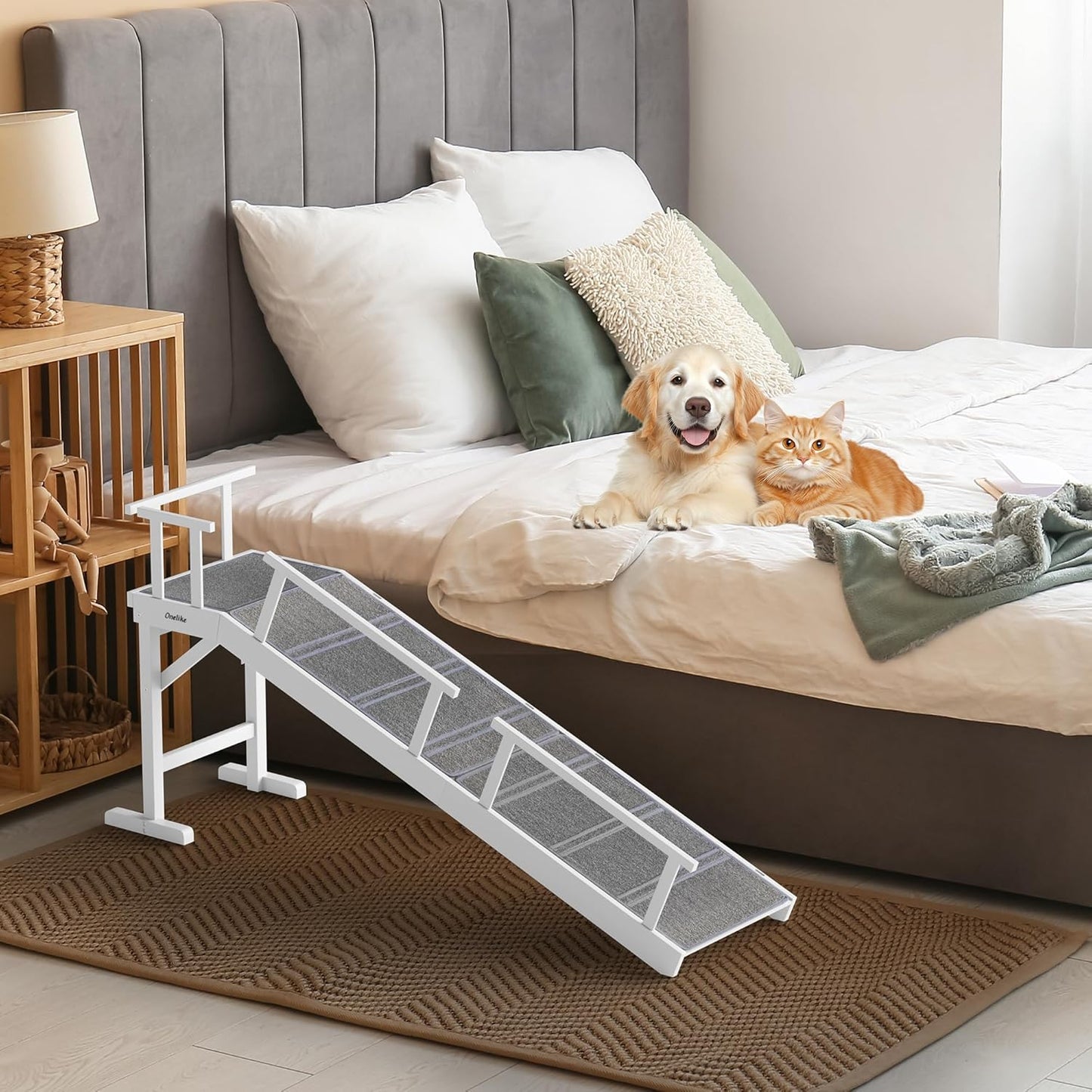 Onelike Wooden Dog Ramp for Bed with Removable Side Rail and Non-Slip Carpet, Stable Pet Ramp Stair for Couch Sofa for Small & Large & Senior Dogs, 60" Long Ramp White