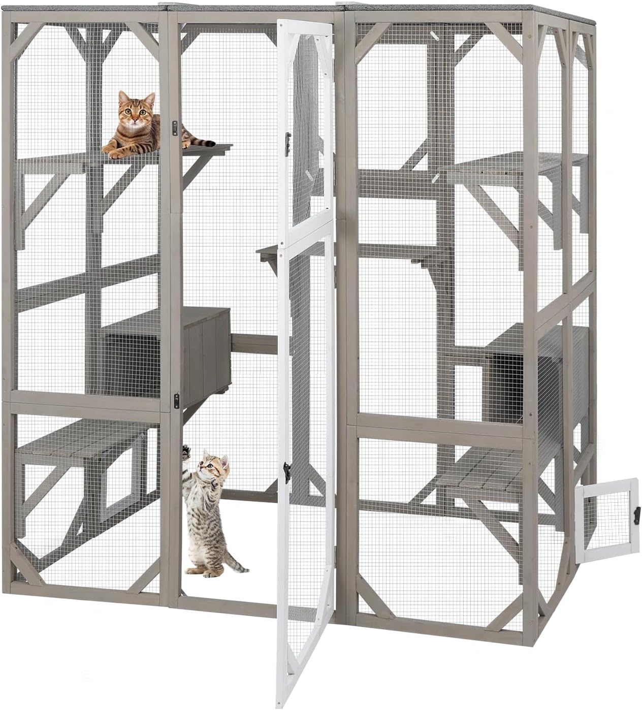 Catio Outdoor Cat Enclosure Cat House, Large Wooden Walk-in Cat Cage Condo Indoor Playpen with Multi Platforms, Flat Roof, and 2 Resting Box (Grey, 70.9" L x 36.5" W x 70.9" H)