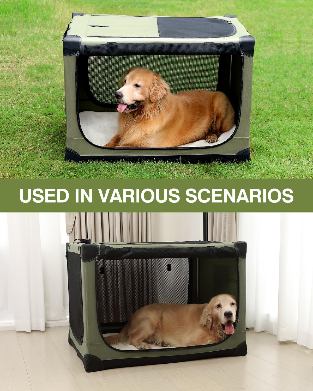 36-Inch Collapsible Travel Dog Crate, Portable 4-Door Soft Kennel for Medium to Large Dogs, Durable Mesh Windows, Indoor/Outdoor Use, Foldable, with Storage Bag (Green)