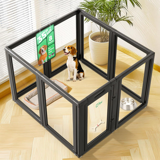FXW AuraSpace Acrylic Indoor Unleashed Dog Playpen for Medium Dogs, 35 Inch, 8 Panels, Black