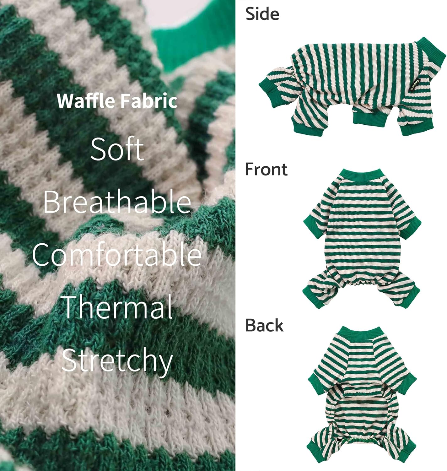 Fitwarm Green and White Striped Dog Pajamas, Waffle Dog Clothes for Small Dogs Girl Boy, Puppy Onesie with Feet, Pet Cat Outfit, XXL