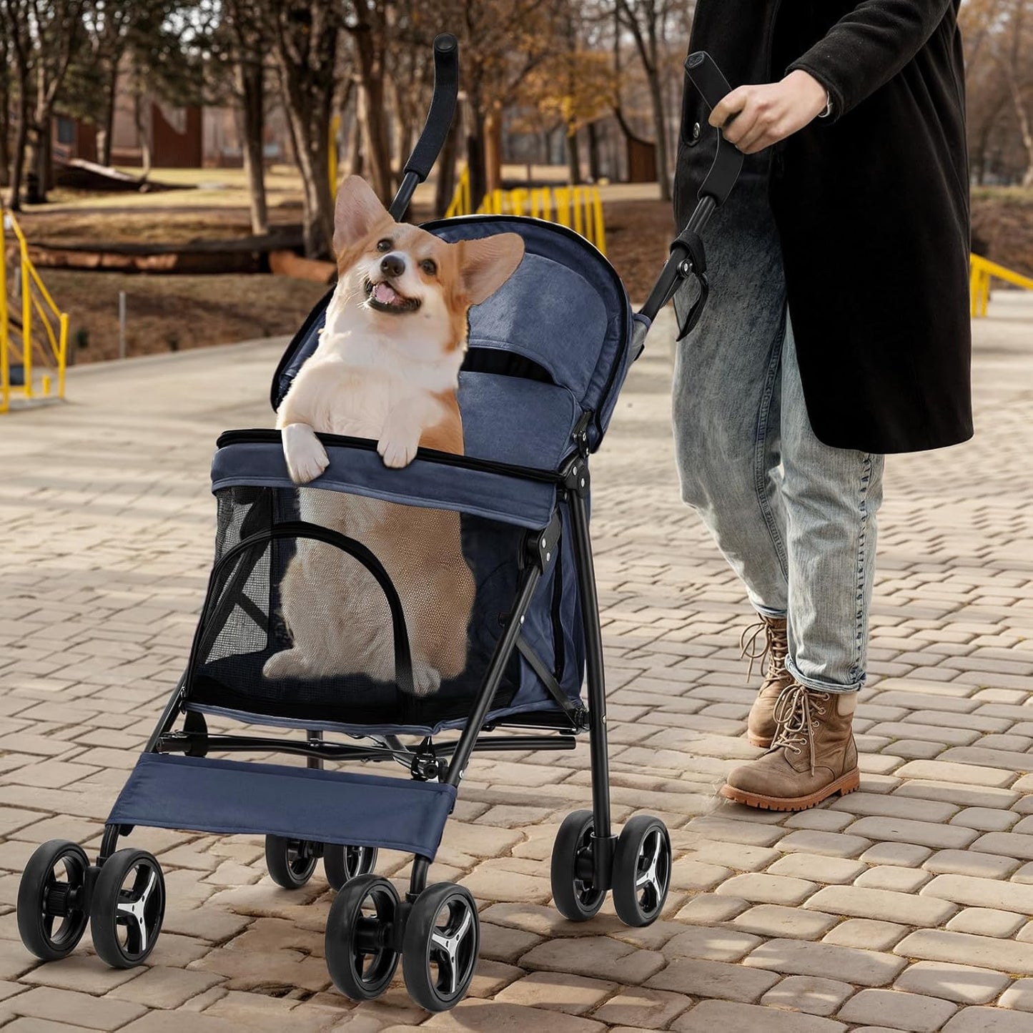 MoNiBloom 4 Wheels Pet Stroller, Easy-Fold Puppy Cage Jogger Stroller with Sun Cover, Pad and Rear Storage Bag, Breathable and Visible Mesh for Small/Medium Pets up to 22 lbs, Navy Blue