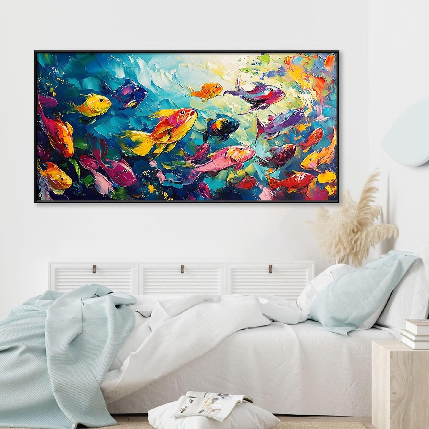 School of Fish Printed Canvas Wall Art – Framed Abstract Ocean Print – Vibrant Fish Wall Decor for Living Room, Bedroom, Office (Gold Framed, 39"x19"|100x50cm)