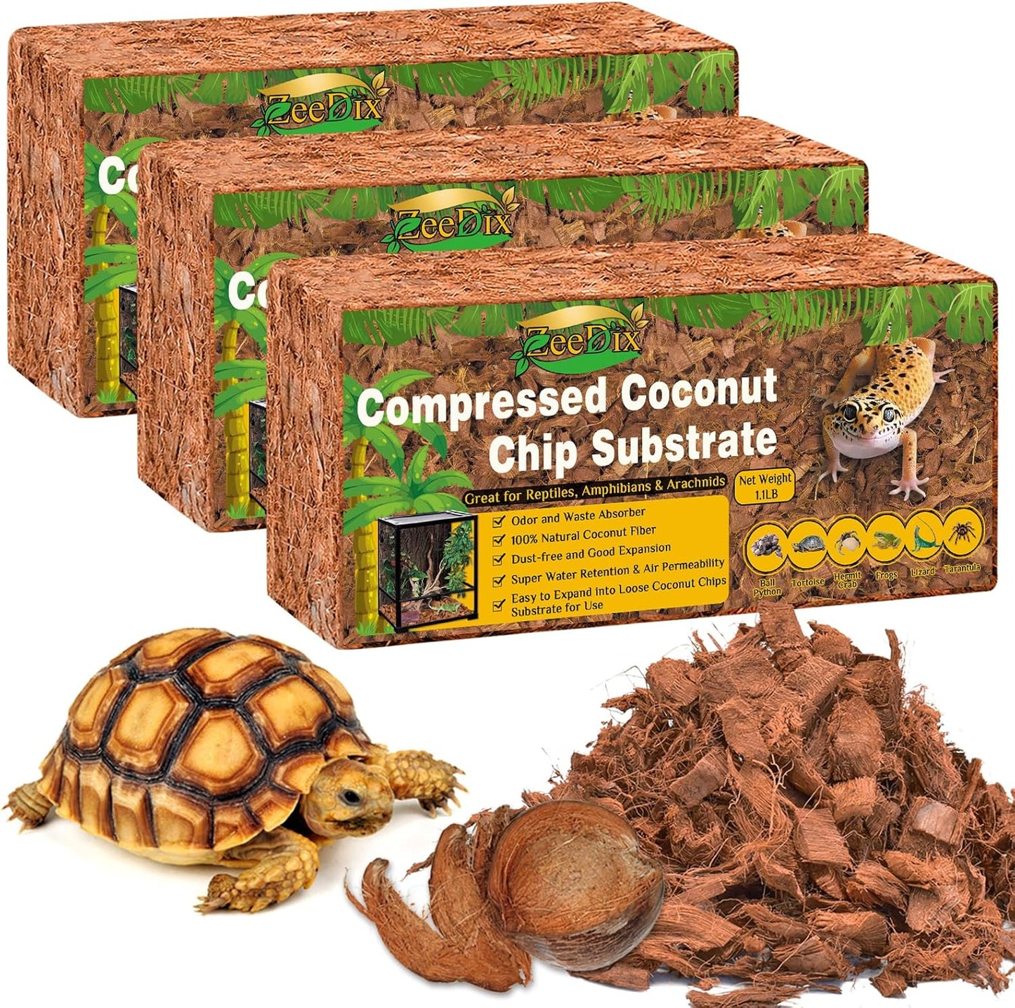 ZeeDix 3PCS Natural Coconut Chips Substrate for Reptiles, Coconut Fiber Husk Reptiles Bedding, Compressed Coco Chips Substrate for Ball Python, Snakes, Tortoise, Hermit Crab, Frogs, Lizard, Tarantula
