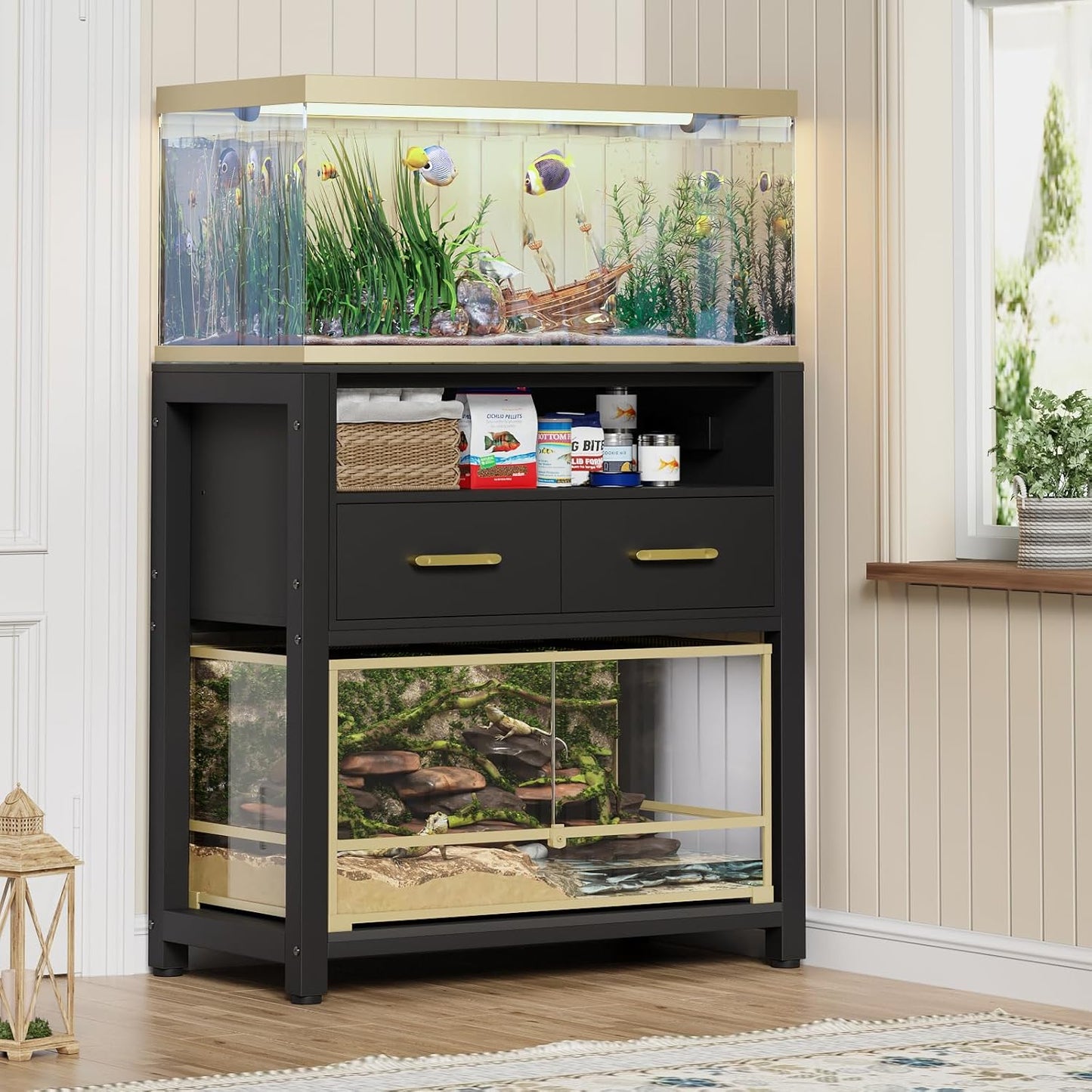 20-29 Gallon Aquarium Stand with Power Outlet & 2 Storage Drawers, Heavy Duty Metal Frame Fish Tank Stand with Waterproof Mat, 30.7" L*15.7" W Tabletop, 550LBS Capacity, Black
