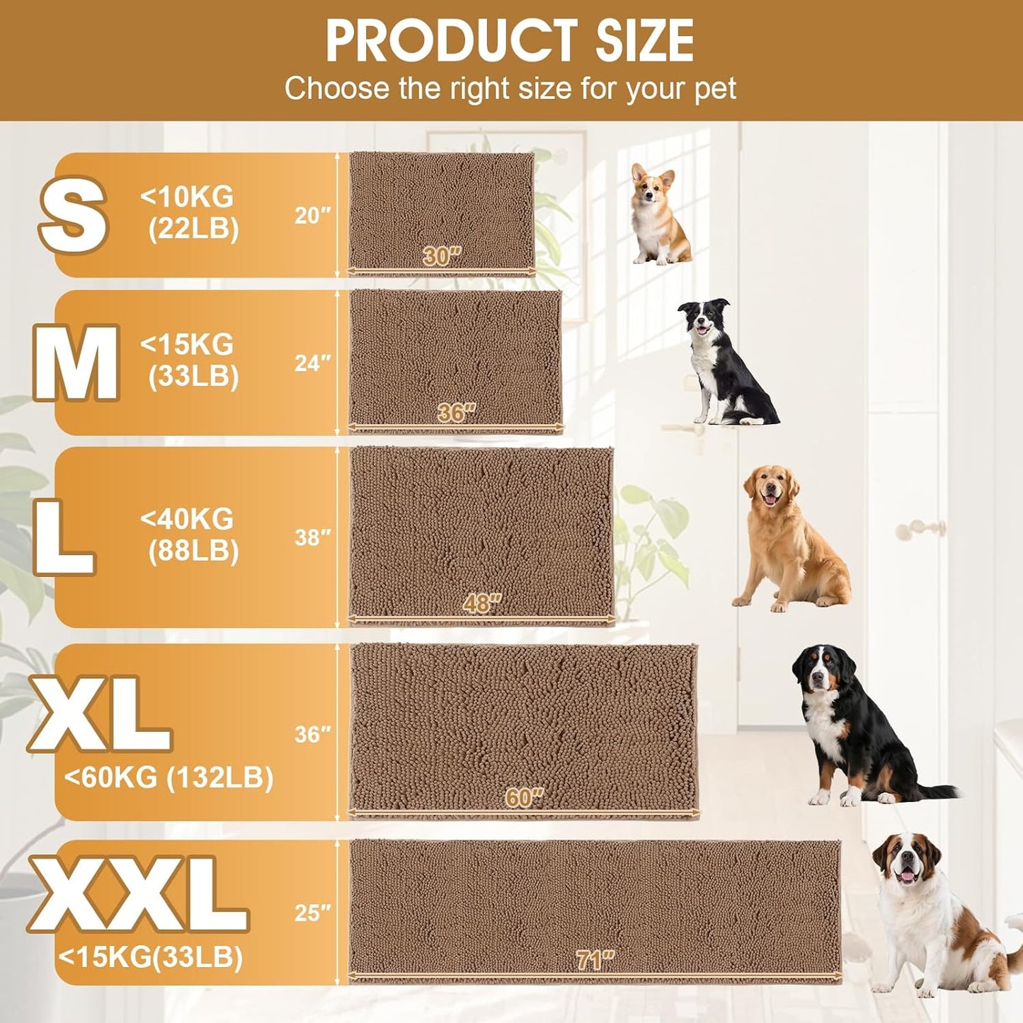 Dog Door Mats for Muddy Paws, Chenille Absorbent Dog Mats, Non Slip Heavy Mud Mat for Dogs, Soft Pet Mat for Entryway, Mud Paws, Inside Floor,48" x 38", Camel