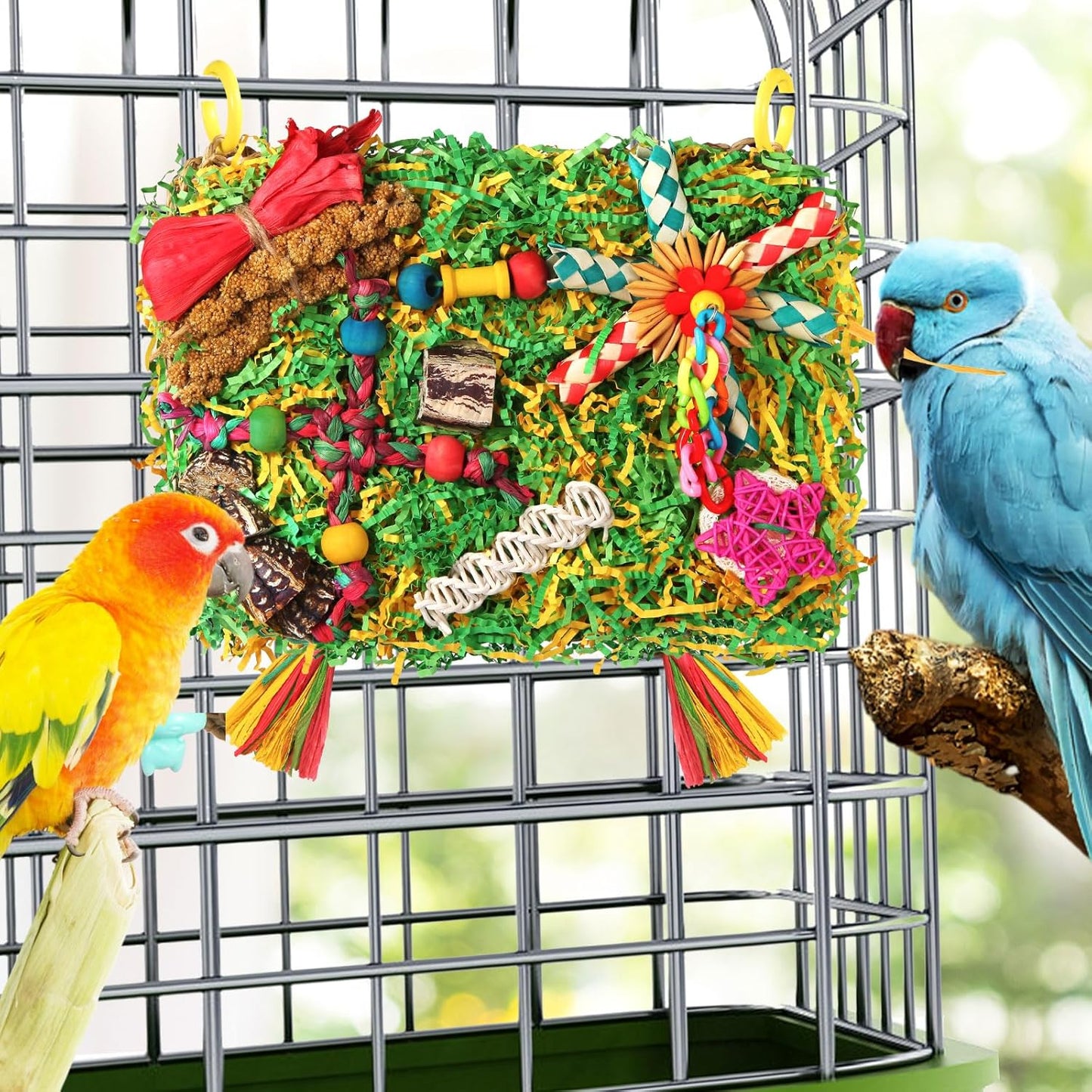 Bird Toys Parakeet Toys,Large-Sized Parrot Foraging & Shredding Cage Hanging Toys with Seagrass Mat for Budgies,Cockatiels,Lovebirds,Conures Small & Medium Parrots (Colorful with Starfruit (1PCS))