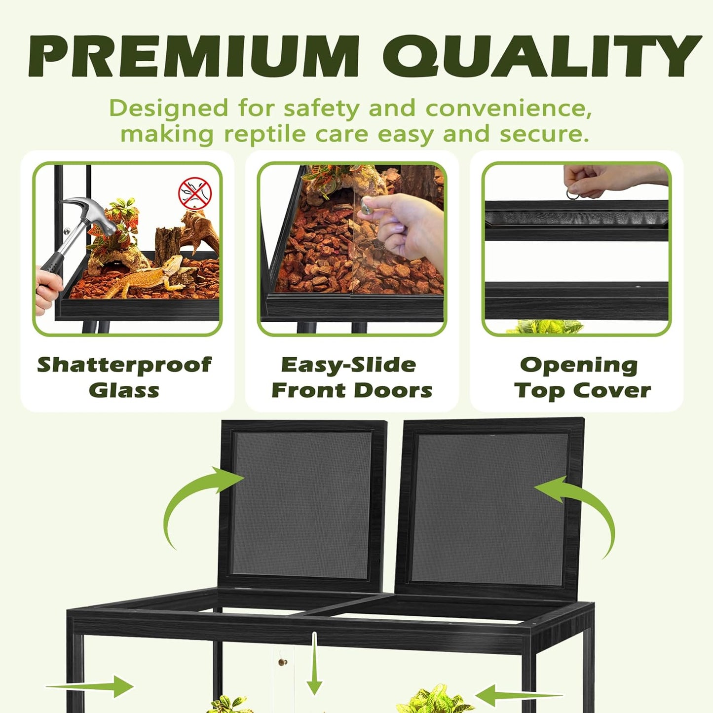 PROLEE Bearded Dragon Tank with Leg,Tempered Glass Lizard Tanks and Reptile Enclosure,Up to 78 Gallon Reptile Tank with Metal Mesh and Lockable Door for Snakes,Chameleon (Black, 60Gallons,40inch)