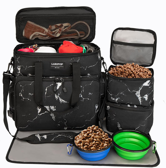 Dog Travel Bag,Weekend Pet Travel bag Set for Dog and Cat,Airline Approved Tote Multi-Function Dog Bags for Traveling,Include 2 Collapsible Bowls,2 Food Storage Containers,1 Feeding Mat,Marble