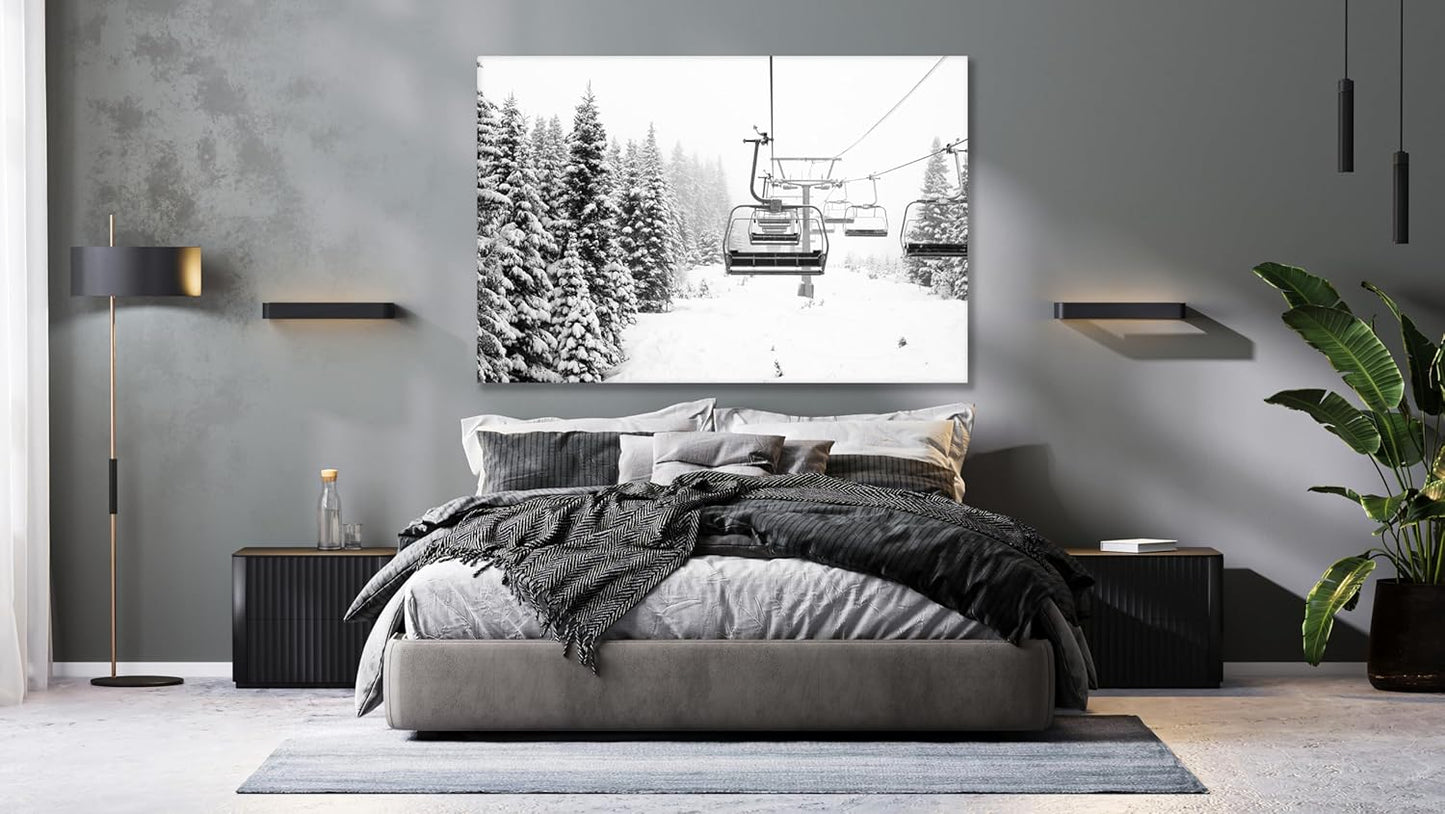 Nature Wall Art Prints - Ocean Forest Mountain Lake Canvas Landscapes - Small to Extra Large Living Room Bedroom Kitchen Bathroom Décor (Ski Lift on Snowy Mountain, 20L" x 30W")