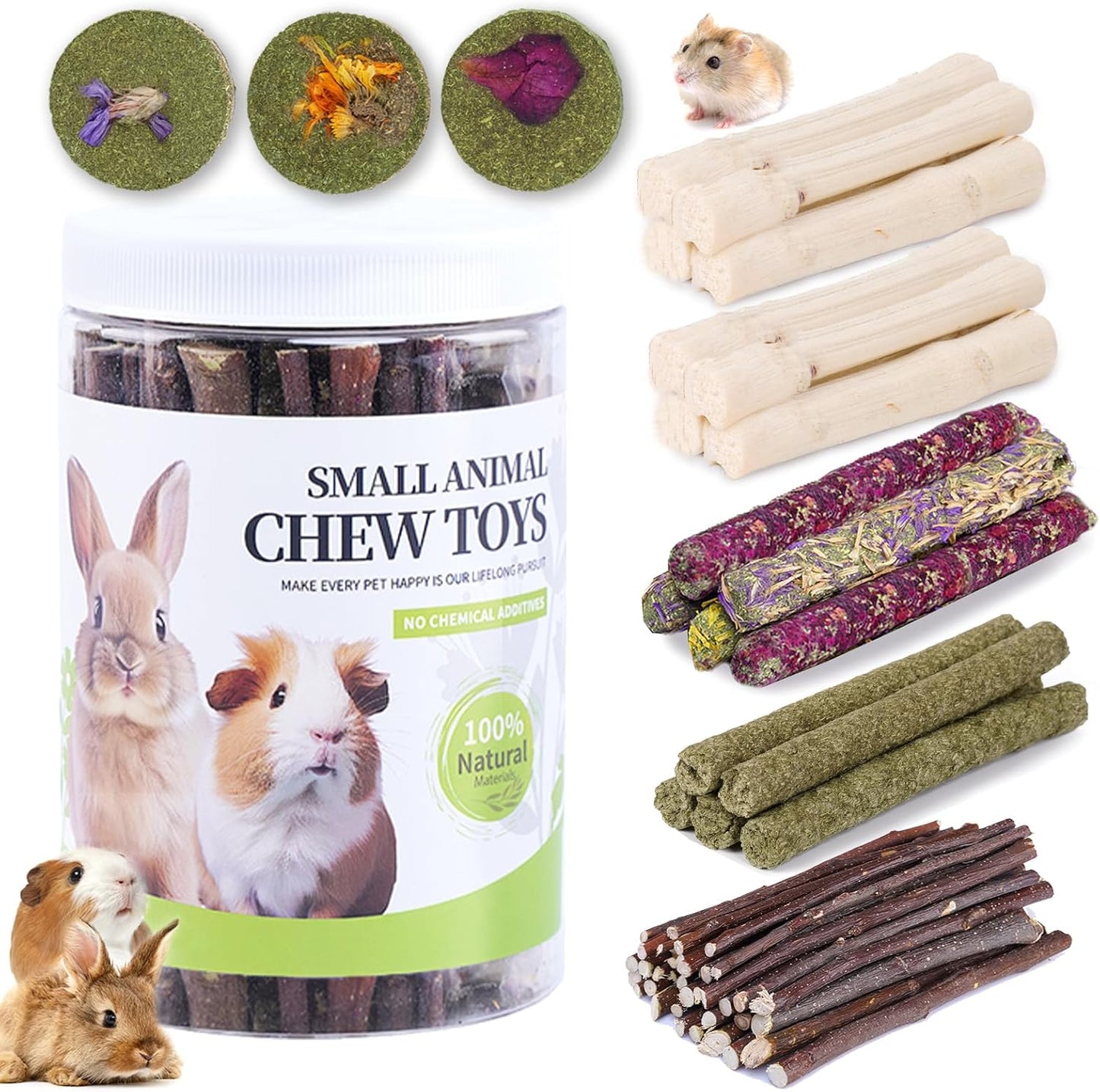 50-60 Pcs Rabbit Chew Toys, Guinea Pig, Hamster, Bunny Chew Toys, Sweet Bamboo, Apple Stick, Timothy Stick, Prevent Teeth Overgrowth, Clean Teeth