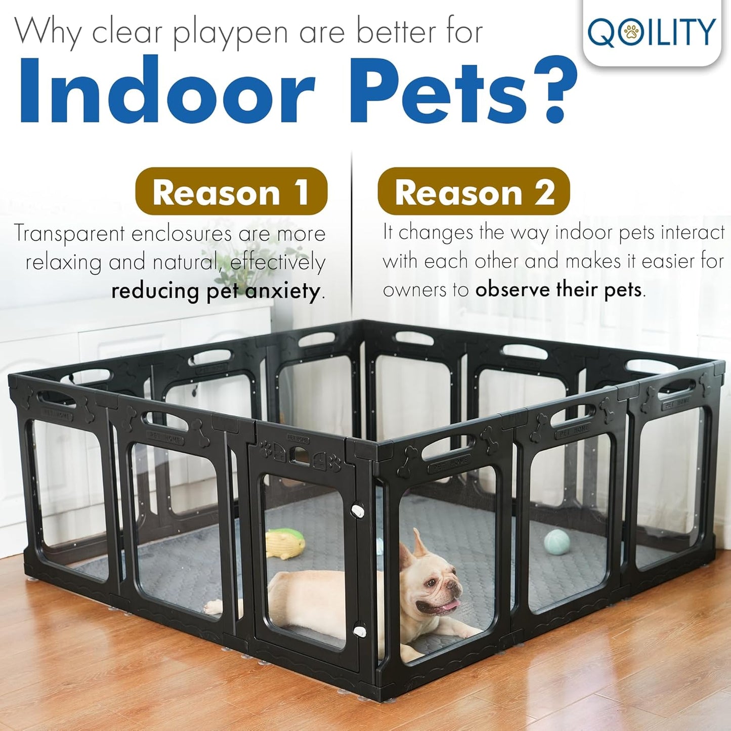 Clear Acrylic Dog Playpen Indoor, Effectively Relieves Indoor Pet Anxiety, 56" x 56" x 23.6"H, Suitable for Puppy and Dog, Black