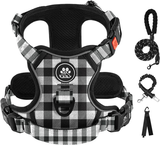 IVY&LANE No Pull Dog Harness with Leash Set, Reflective No Choke Pet Vest,Adjustable Oxford Dog Vest Harness with Easy Control Handle for Large Dogs (Checkered Black,L)