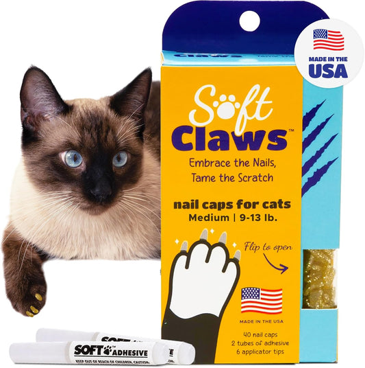 Soft Claws Cat Nail Caps for Medium Cats – (40 Caps, Gold Sparkle) - Made in USA - Veterinarian-Developed | Protects Furniture & Skin - Easy to Apply, Long-Lasting Anti-Scratch Soft Cat Claw Covers