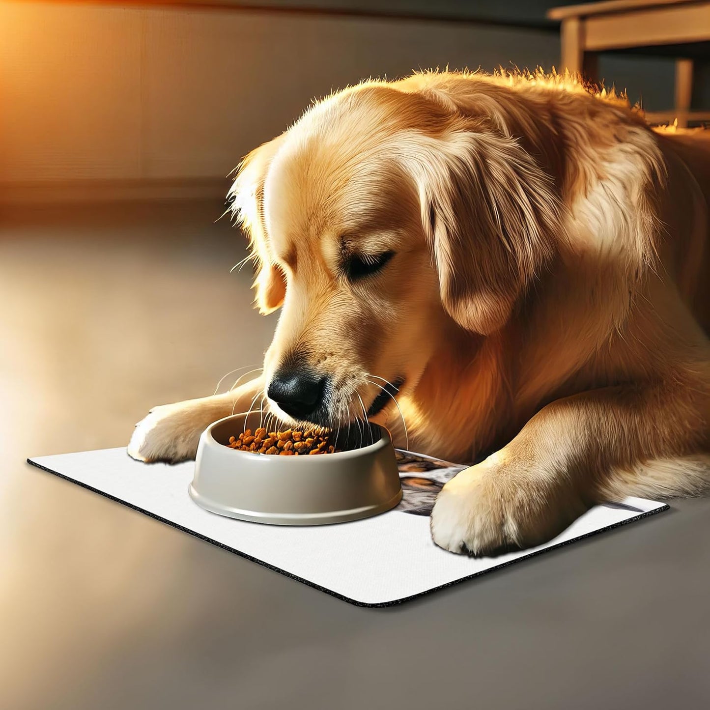 Lunarable Funny Pet Mat for Food and Water, Kitten Lying on The Puppies Basset Hound and Licks Sleeping Cuddle Picture, Non-Slip Rubber Mat for Dogs and Cats, 18" X 12", White Tan